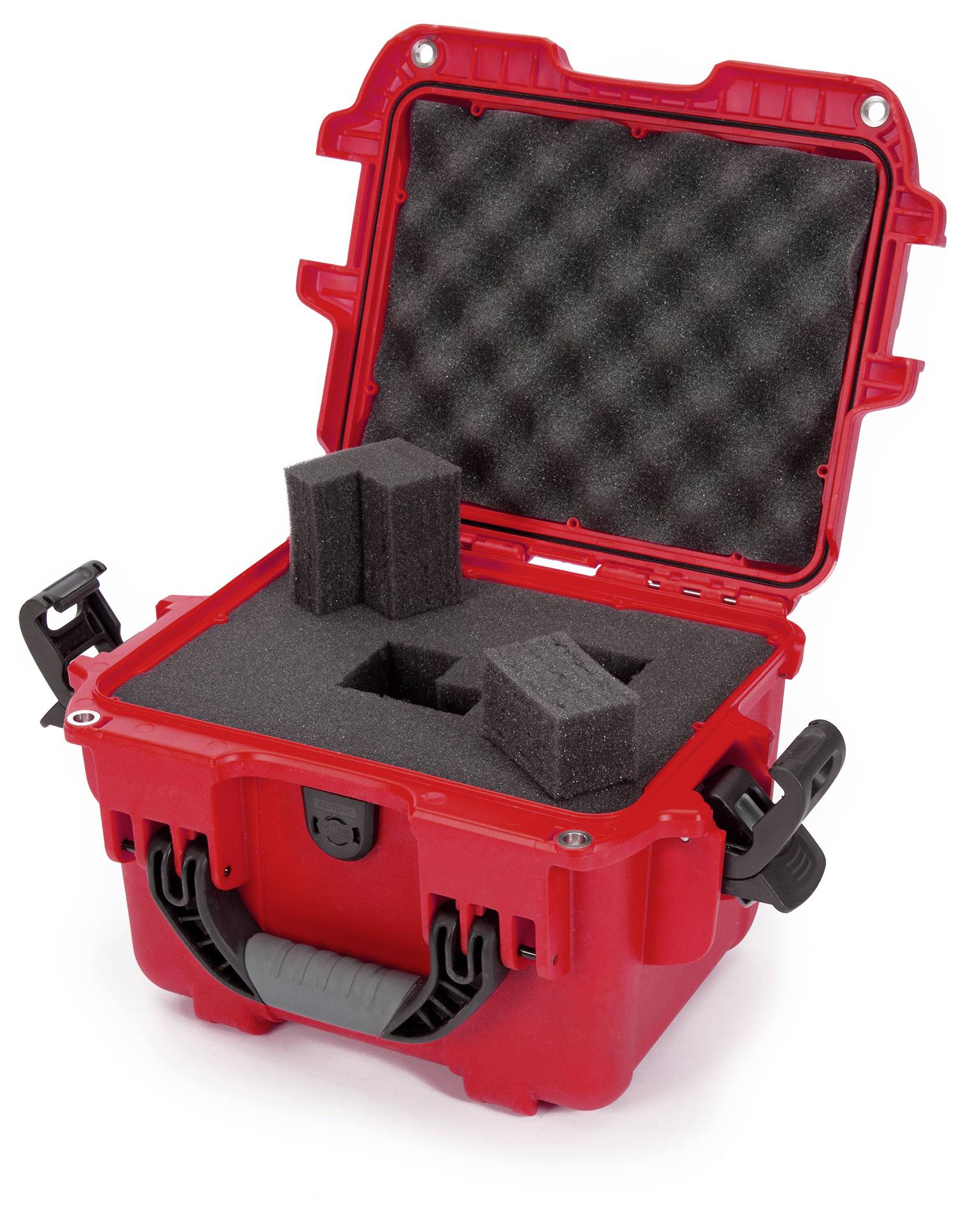 Roter Schaumstoffkoffer, geöffnet, mit Fächern für sichere Aufbewahrung empfindlicher Geräte. Enthält schwarze Schaumstoffeinsätze.