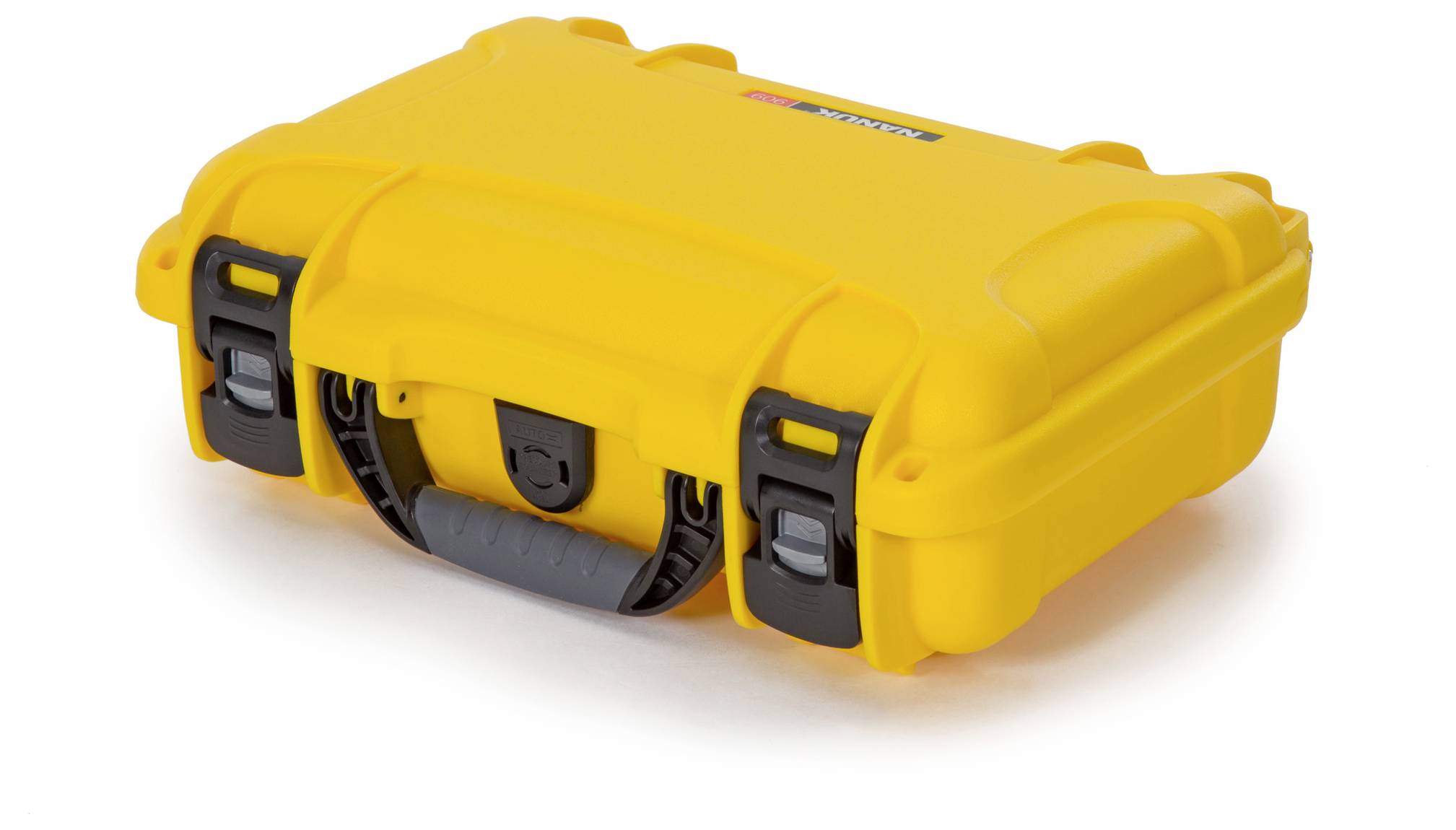 Gelber, robuster Schutzkoffer mit schwarzen Verschlüssen und Griff, ideal zum sicheren Transport empfindlicher Gegenstände.