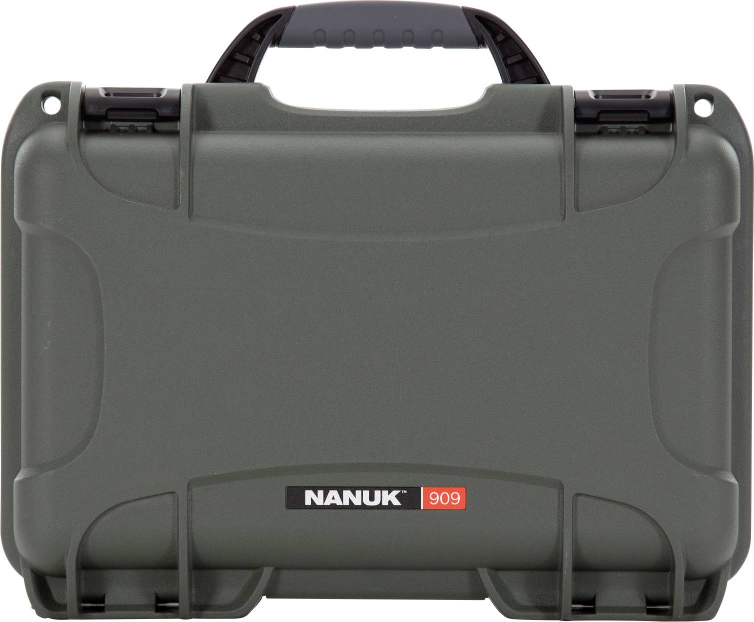 Ein stabiler kleiner, dunkelgrau-grüner Koffer mit schwarzem Griff und dem Logo 'NANUK 909' auf der Vorderseite.