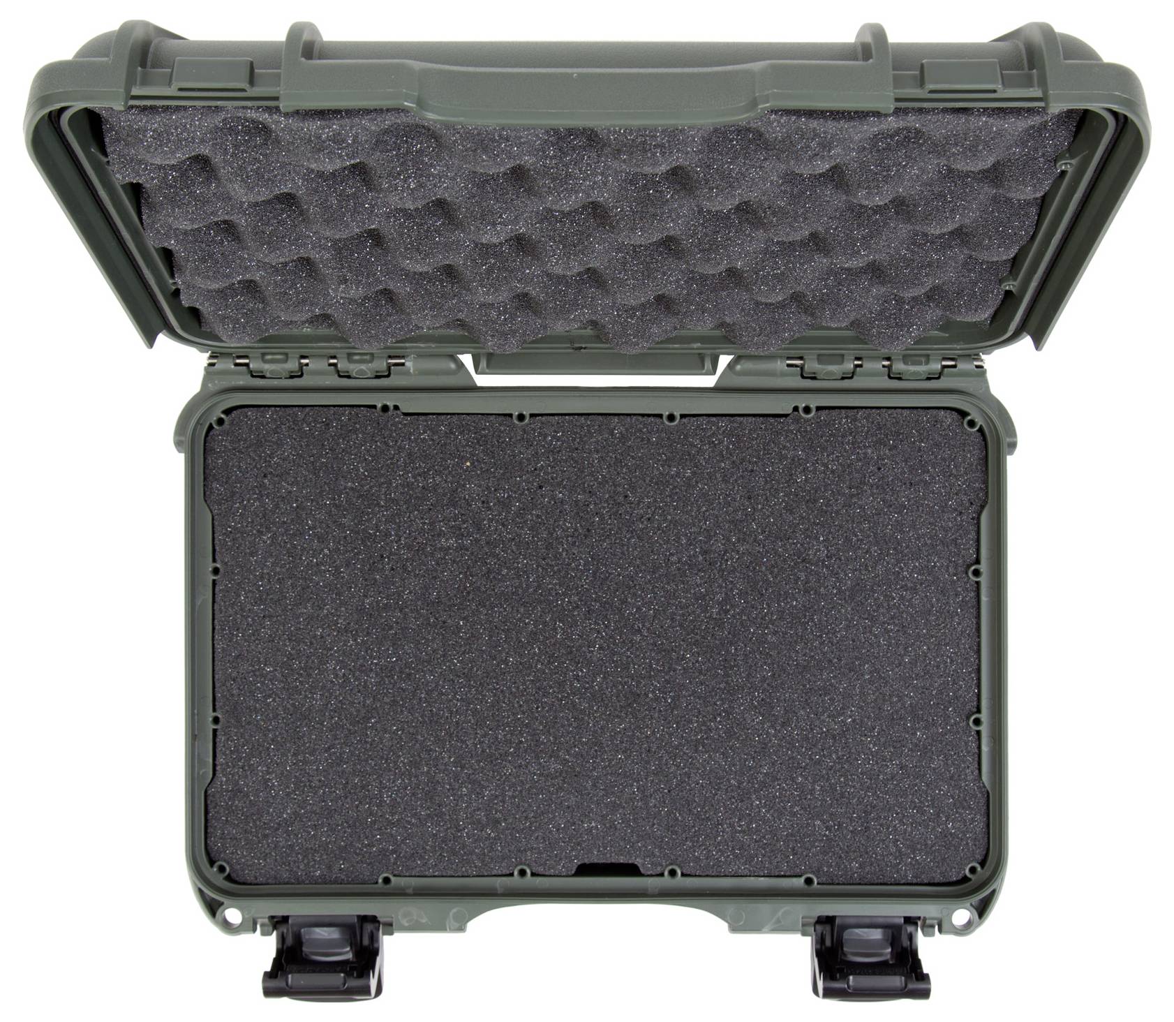 Offener, leerer grüner Hartschalenkoffer mit schwarzer Schaumstoffpolsterung.