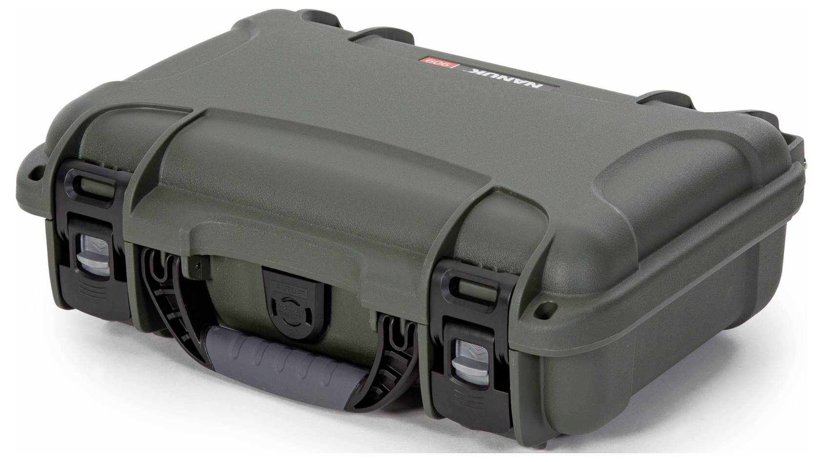 Ein robuster, grüner Kunststoffkoffer mit zwei schwarzen Verschlüssen und einem Tragegriff. Geeignet für den sicheren Transport.