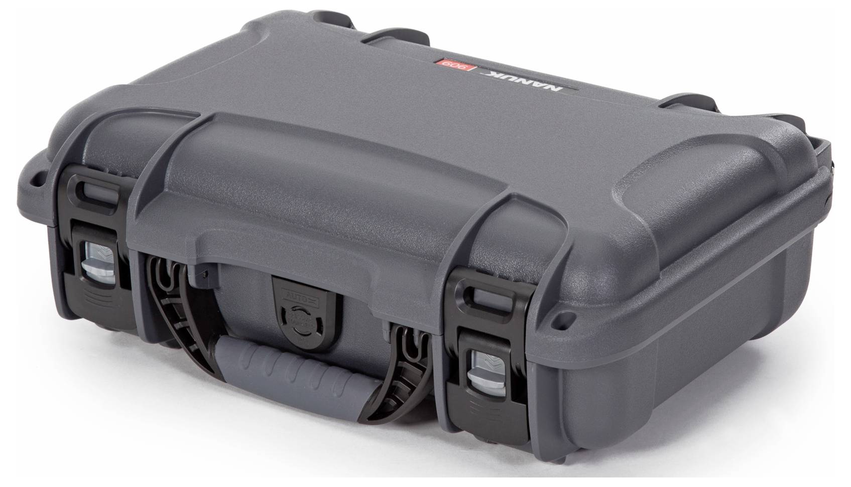 Grauer, robuster Schutzkoffer mit Tragegriff und Verschlüssen; ideal für sicheren Transport empfindlicher Geräte.