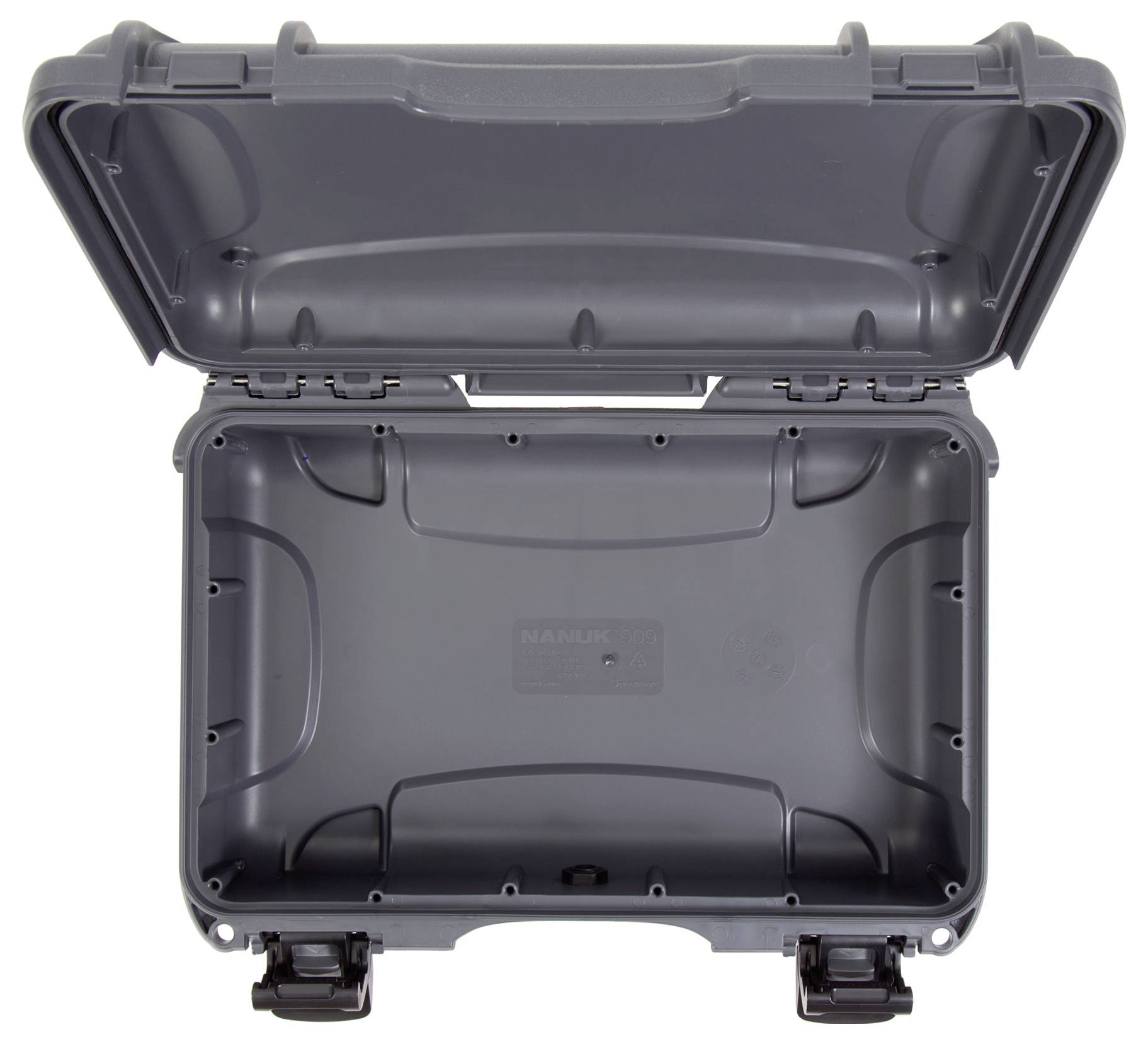 Grauer, offener Hartschalenkoffer, leer. Geeignet zum sicheren Transport empfindlicher Gegenstände. Stabil und wasserdicht.