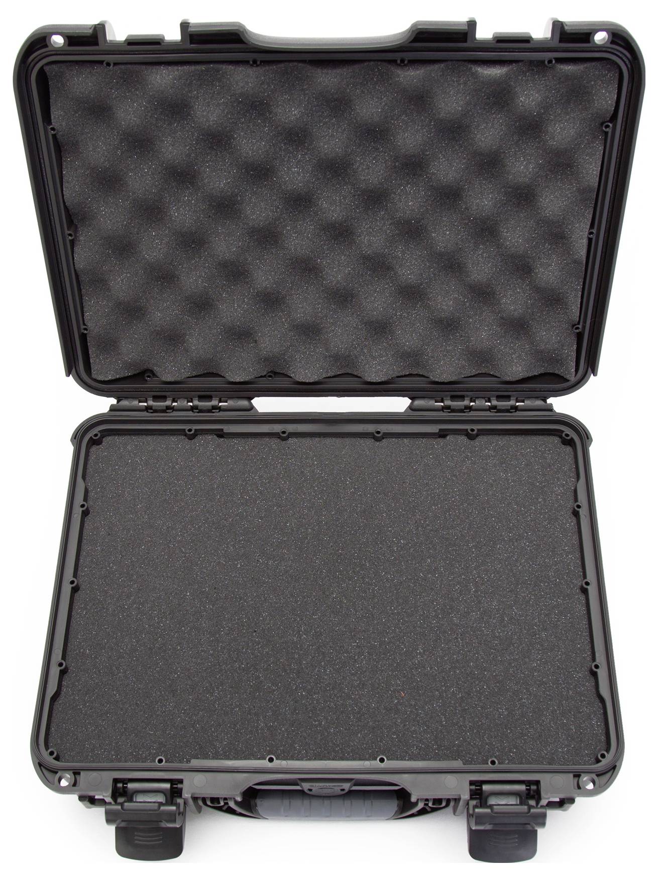Ein geöffneter, schwarzer Schutzkoffer mit schaumstoffgepolstertem Innenraum zum sicheren Transport empfindlicher Gegenstände.