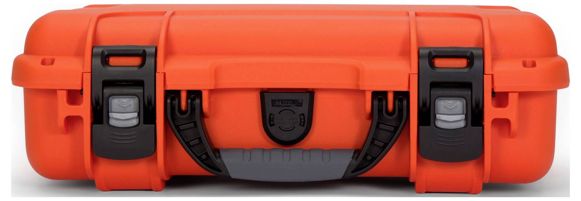 Ein leuchtend orangener, robuster Koffer mit zwei schwarzen Verschlüssen und einem Griff in der Mitte. Ideal für den sicheren Transport.