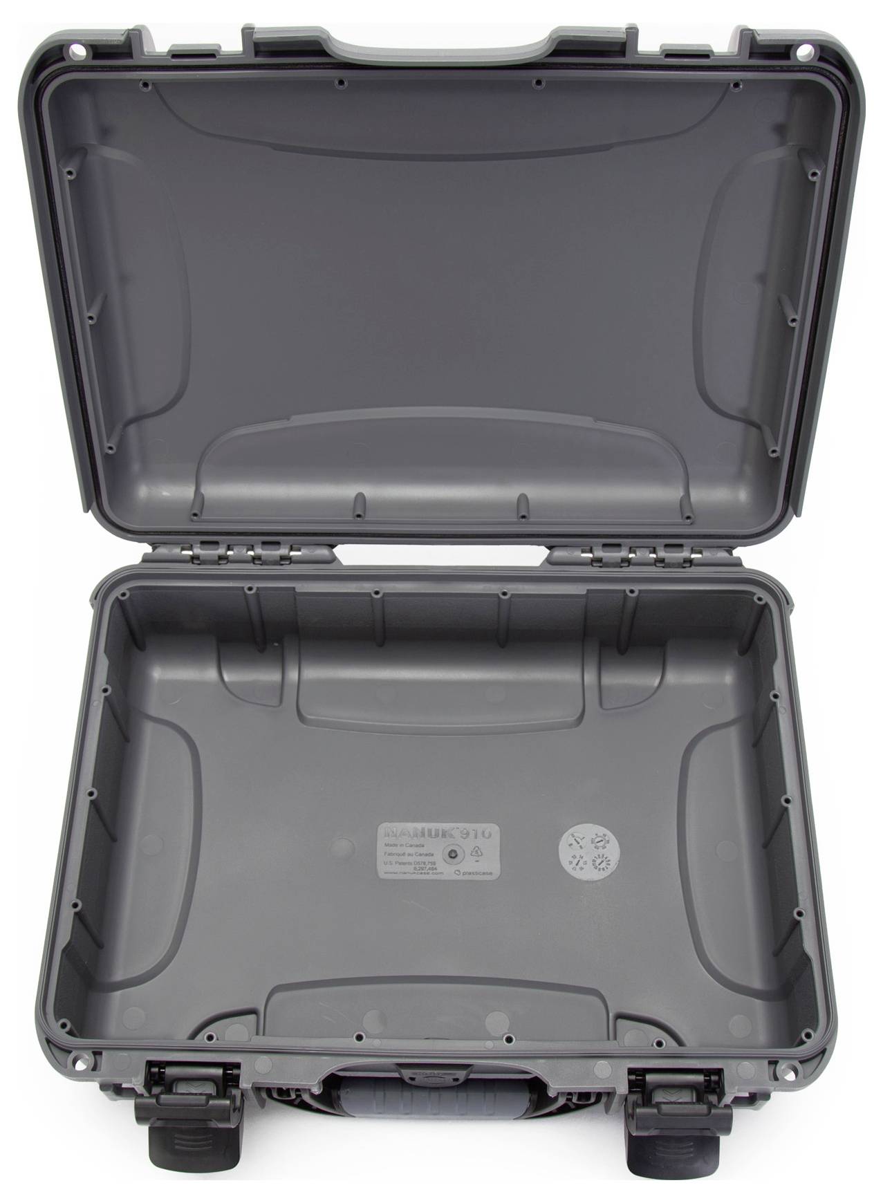 Ein geöffneter, leerer schwarzer Koffer mit Griff und stabiler Bauweise, geeignet für den sicheren Transport empfindlicher Gegenstände.