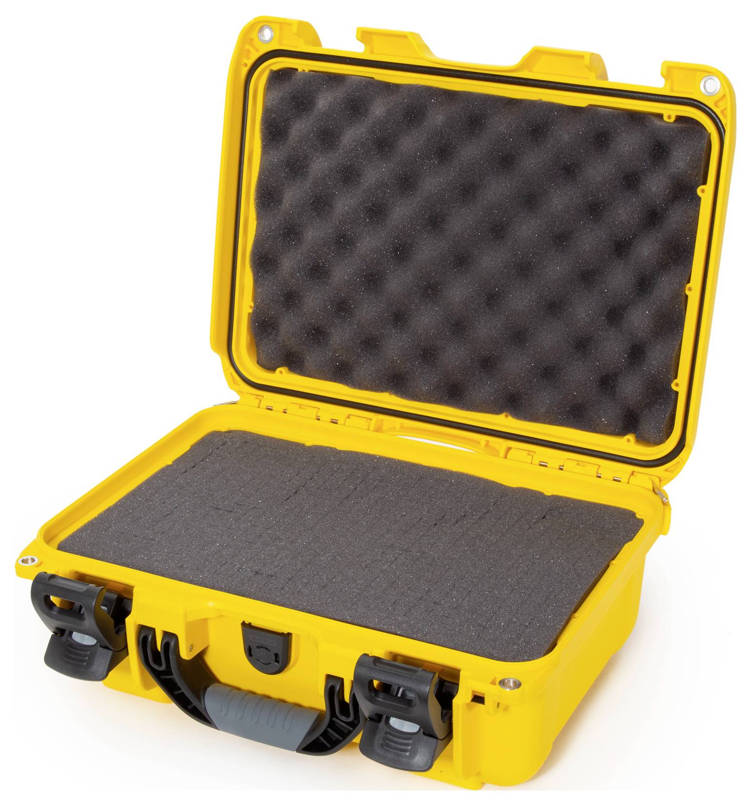 Orange, offener Hartschalenkoffer mit Schaumstoffeinlage, geeignet zum Schutz empfindlicher Gerätschaften beim Transport.