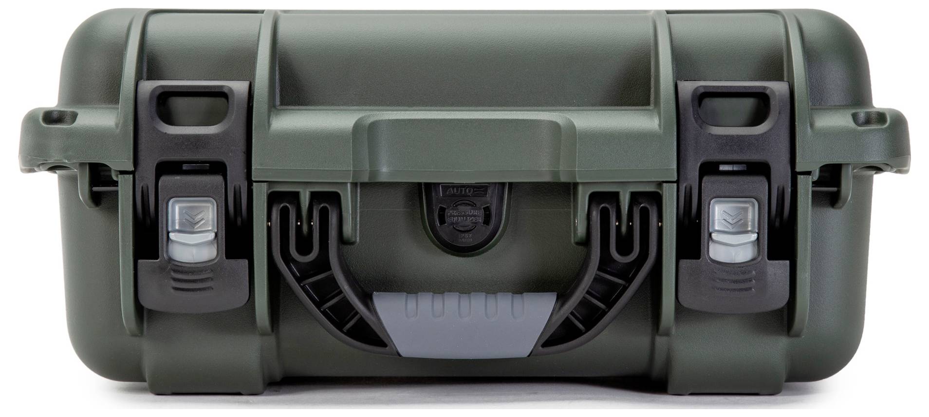 Ein olivgrüner Hartschalenkoffer mit robusten Verschlüssen und einem stabilen Griff, ideal zum sicheren Transport empfindlicher Gegenstände.