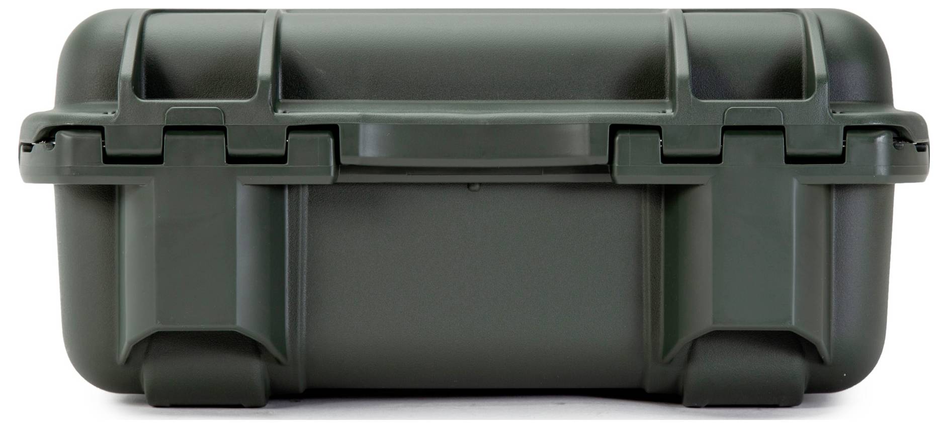 Dunkelgrüner Kunststoffkoffer, rechteckig, stabiler Bau, mit Griff und Schnappverschlüssen, geeignet für den sicheren Transport.