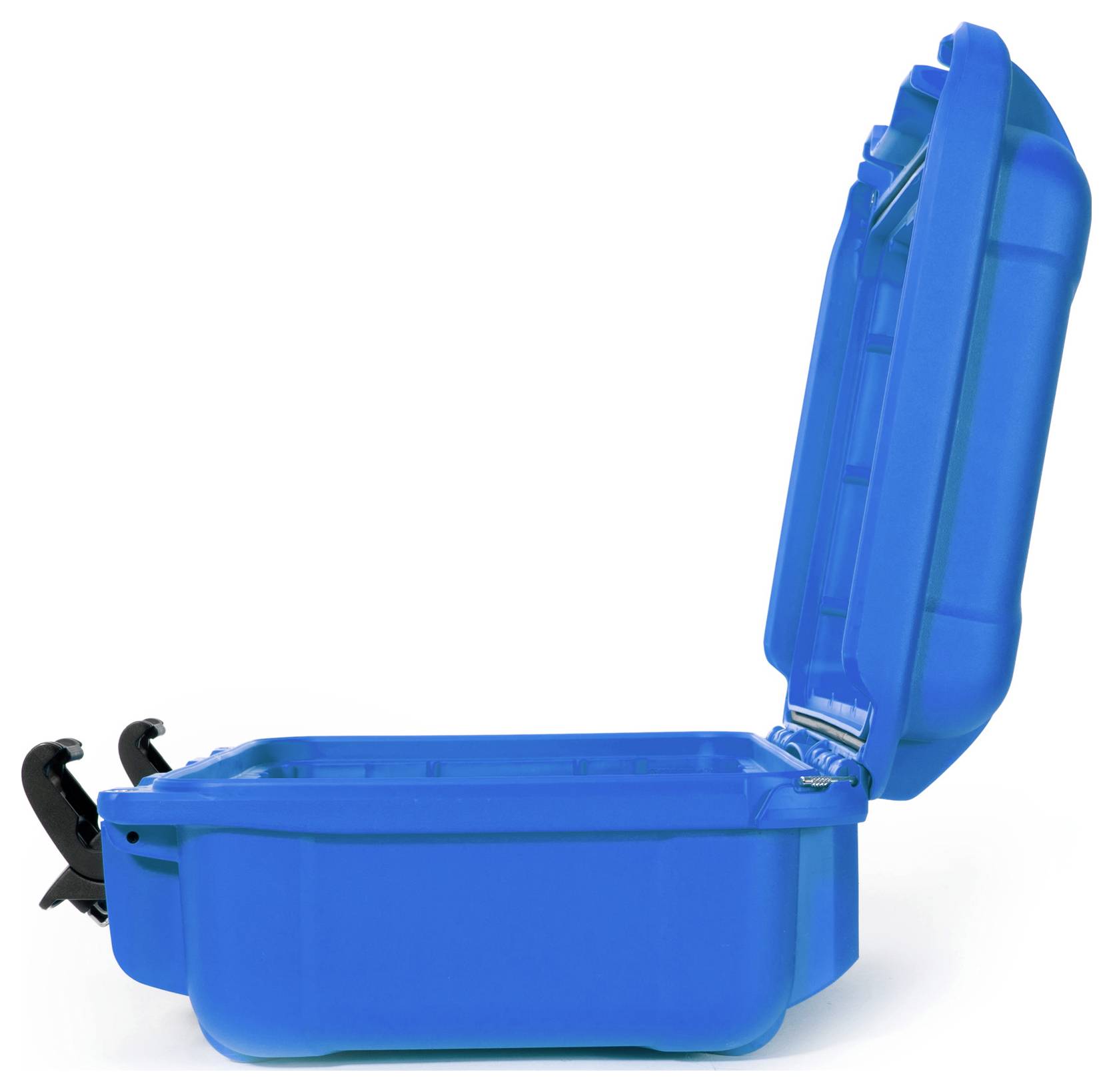 Ein offener blauer Kunststoffkoffer mit einem stabilen Griff und Schnallen, die ihn geöffnet halten; geeignet für Transportzwecke.