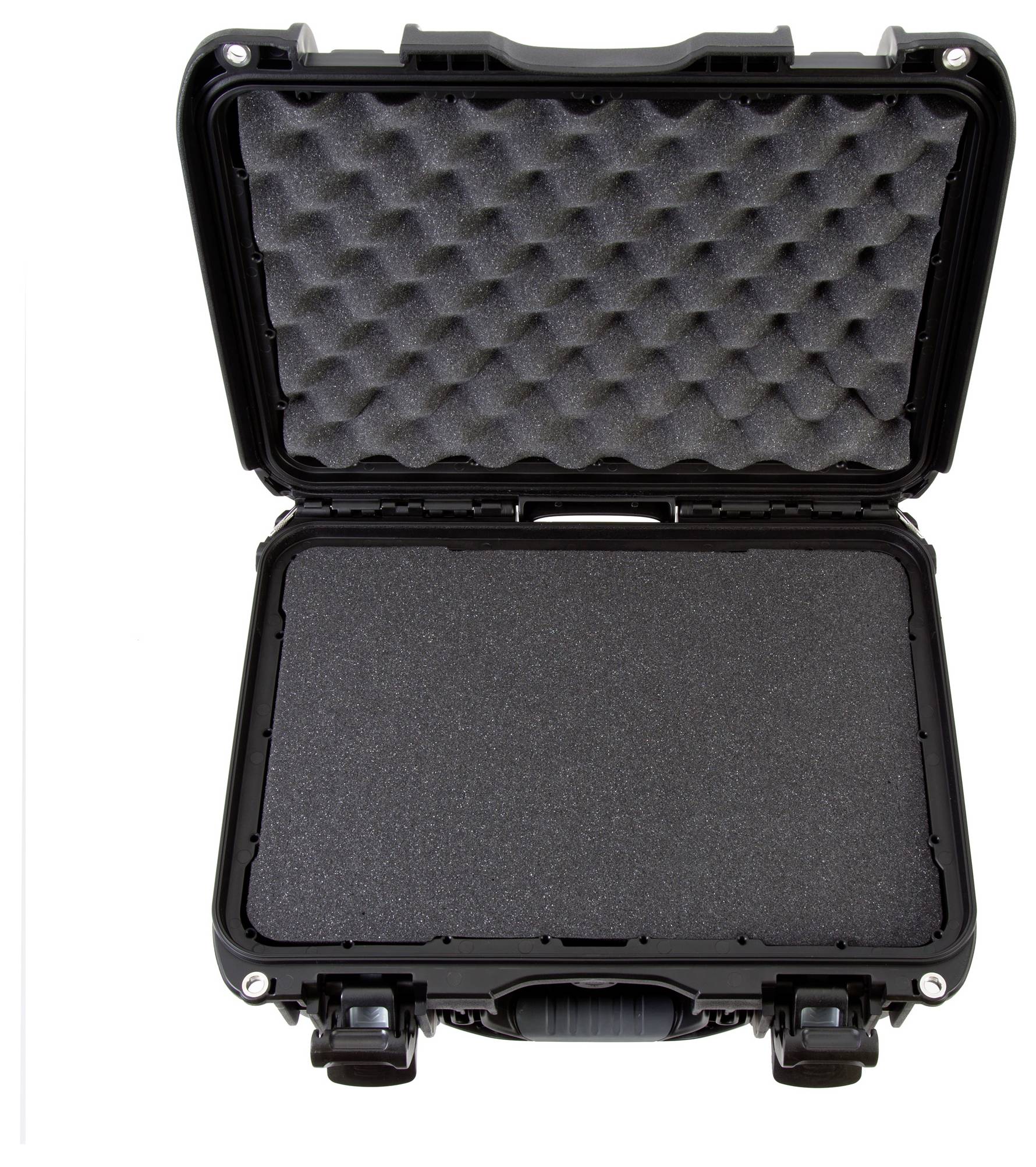 Geöffneter schwarzer Koffer mit Schaumstoffpolsterung, geeignet für sicheren Transport empfindlicher Ausrüstung.