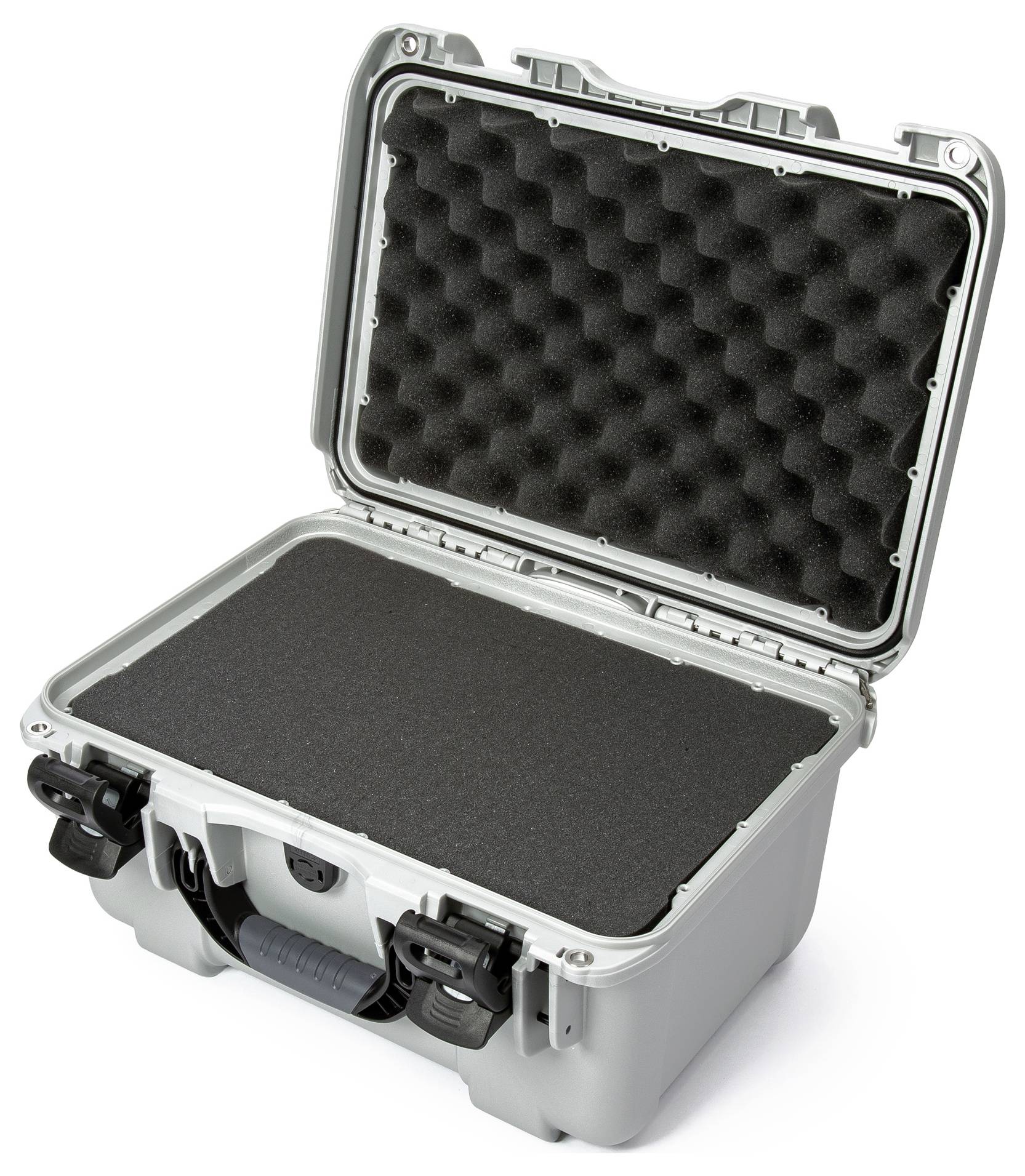 Ein geöffneter, grauer Schutzkoffer mit Schaumstoffpolsterung, geeignet zum sicheren Transport empfindlicher Geräte.