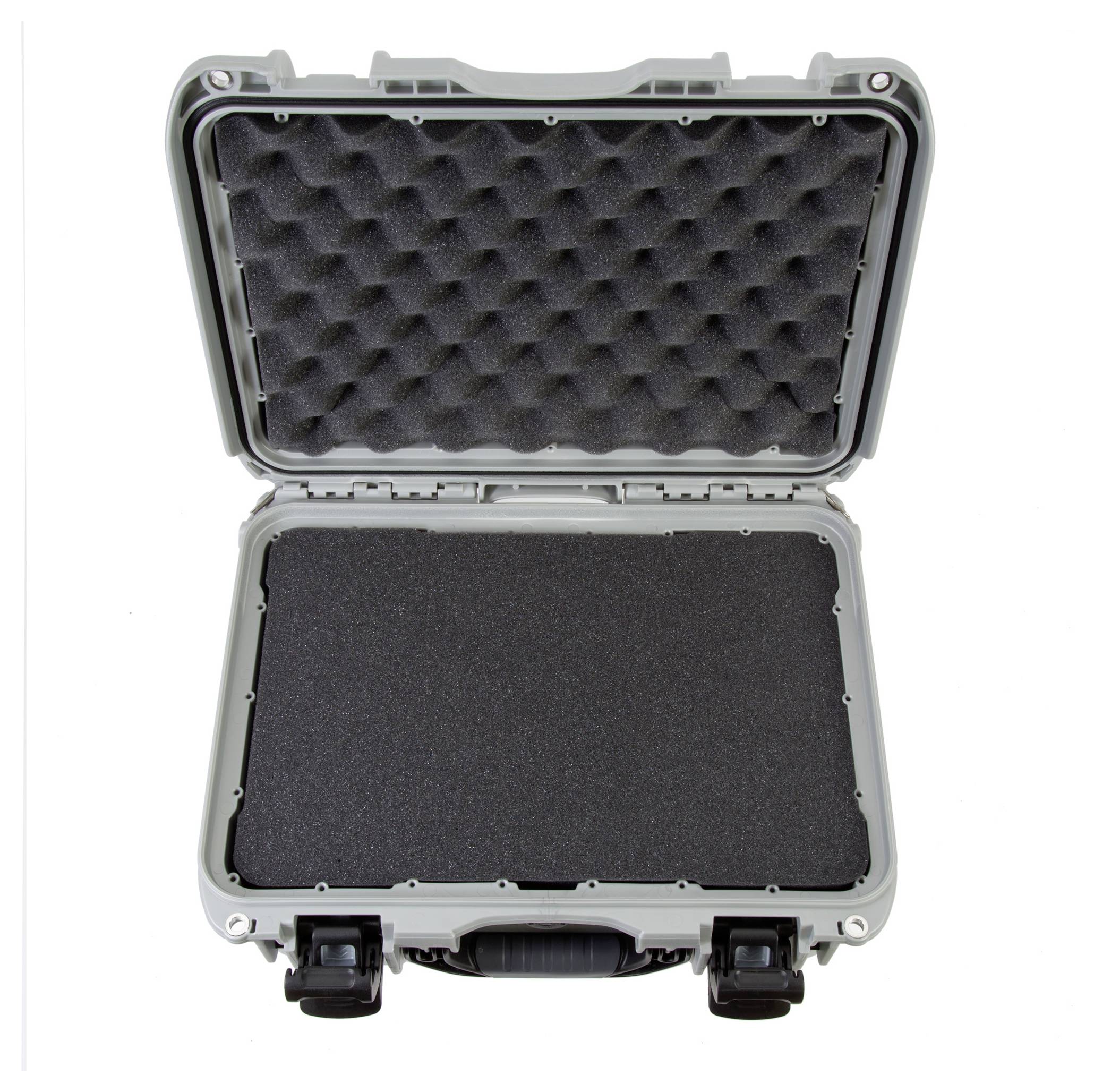 Grauer, offener Schutzkoffer mit schwarzem Schaumstoff-Innenfutter, geeignet für sicheren Transport empfindlicher Gegenstände.