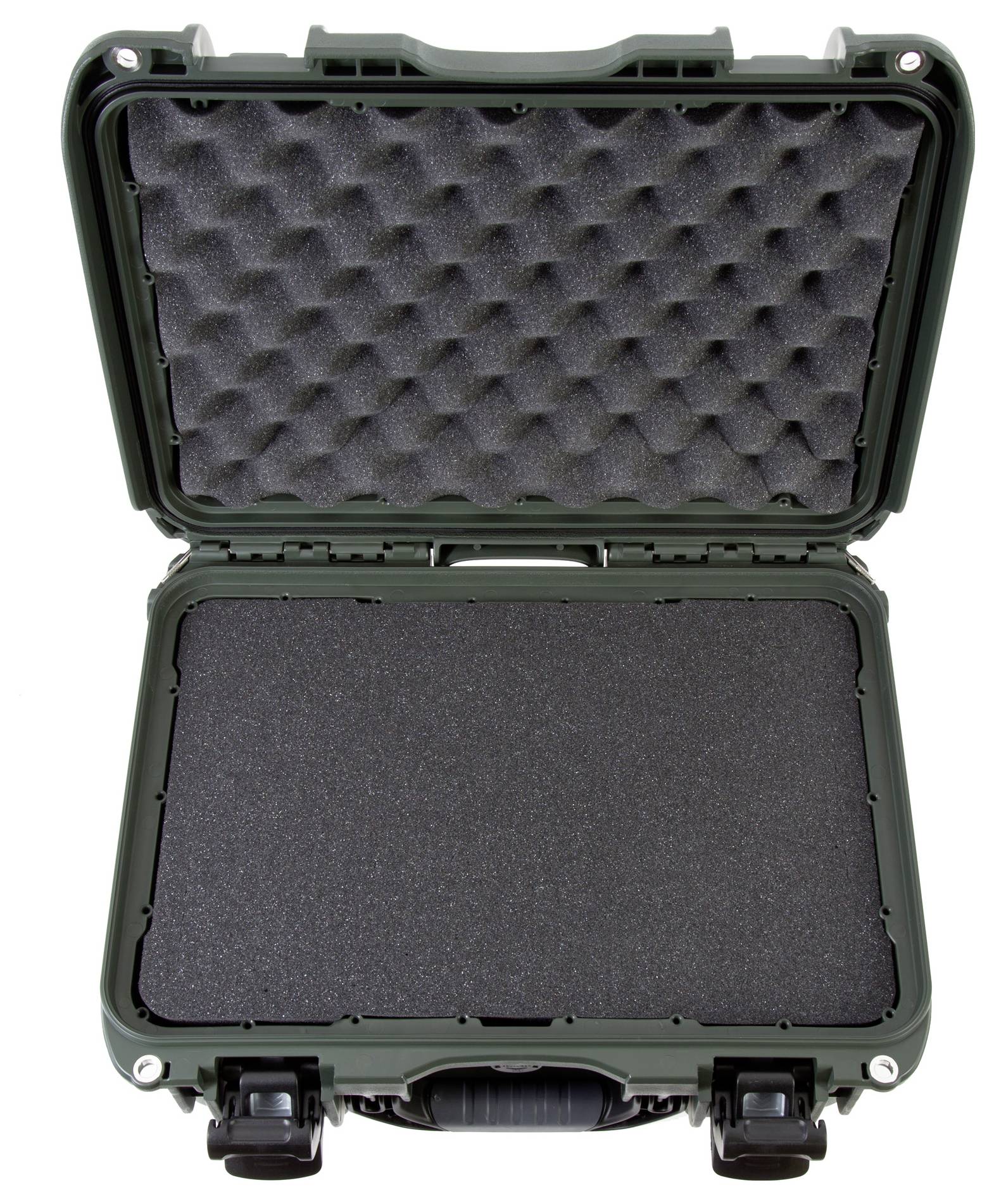 Ein offener Schutzkoffer mit schwarzem Schaumstoff-Innenleben zur sicheren Aufbewahrung empfindlicher Gegenstände.