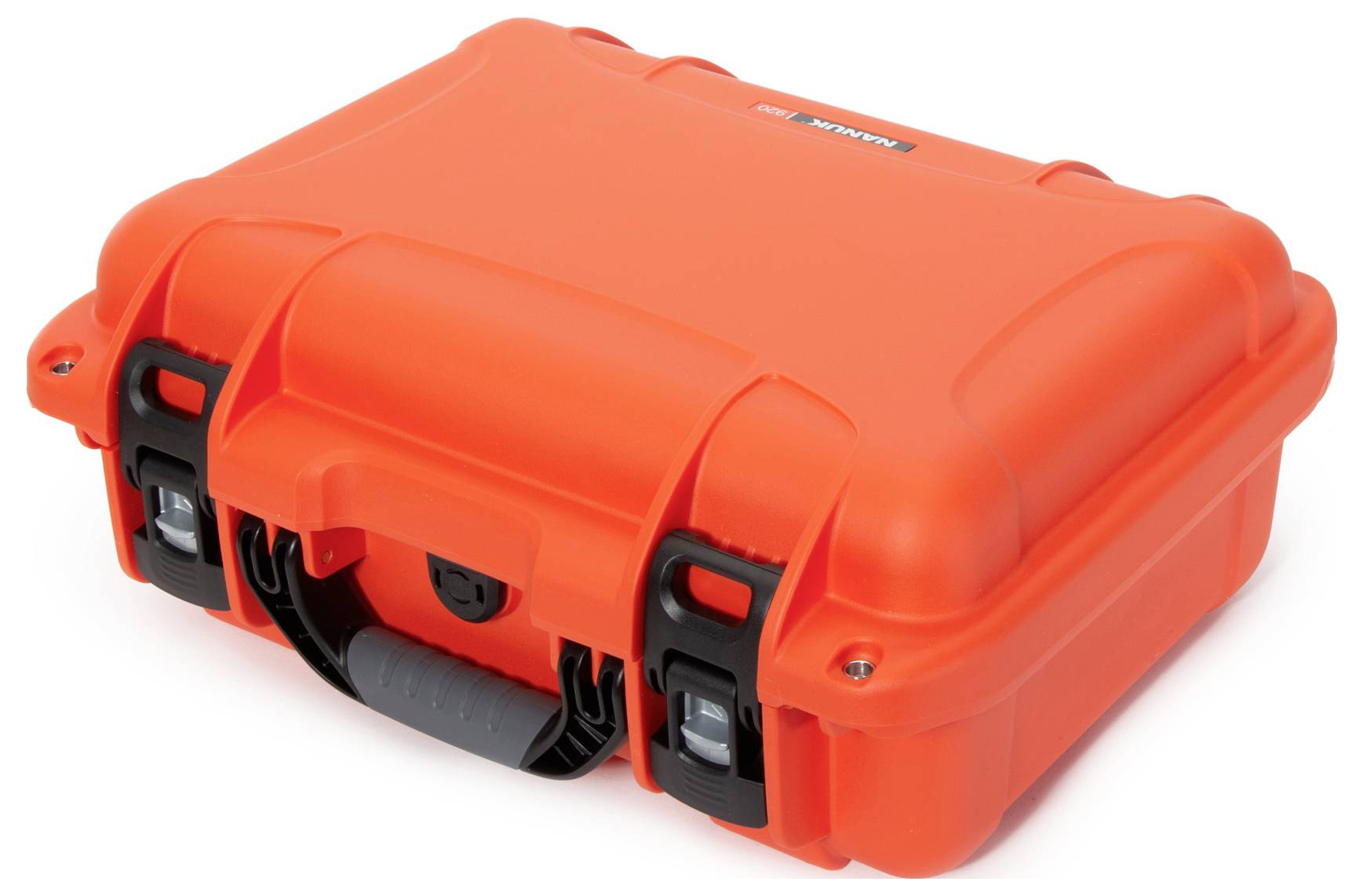 Ein leuchtend orangefarbener, robuster Kunststoffkoffer mit Griff und Verschlüssen. Ideal zum Schutz empfindlicher Ausrüstung.