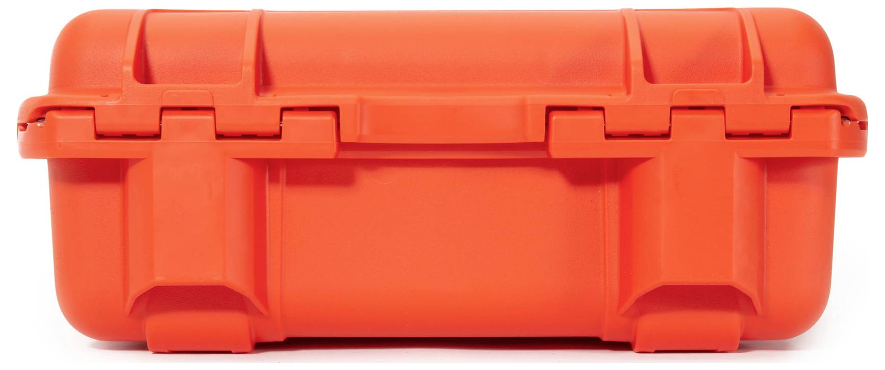 Ein leuchtend orangefarbener, stabiler Kunststoffkoffer mit Griff und Schnappverschlüssen.