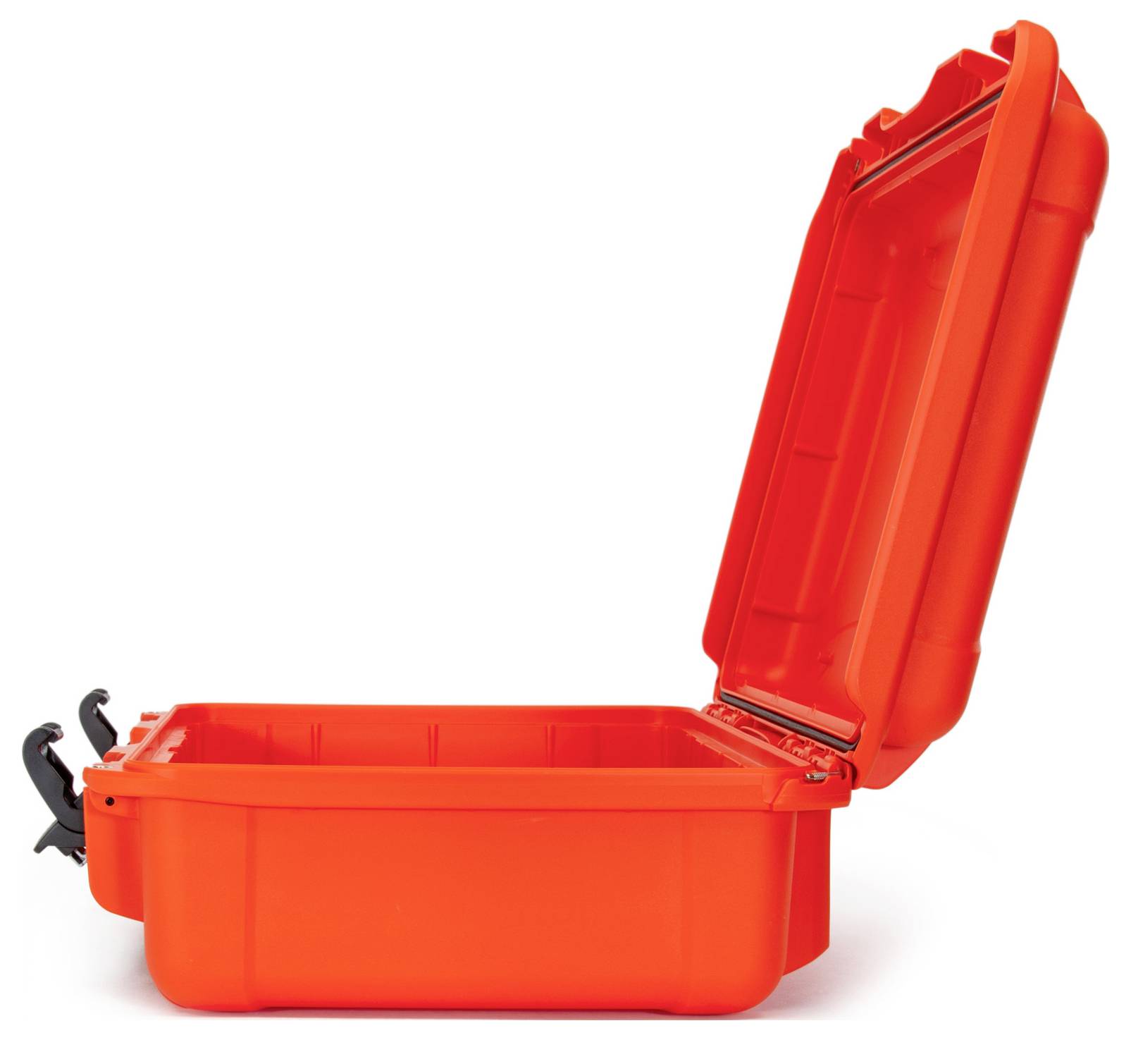 Ein offener, leuchtend orangefarbener Hartschalenkoffer, der nach oben öffnet. Ideal zum Schutz empfindlicher Ausrüstung.