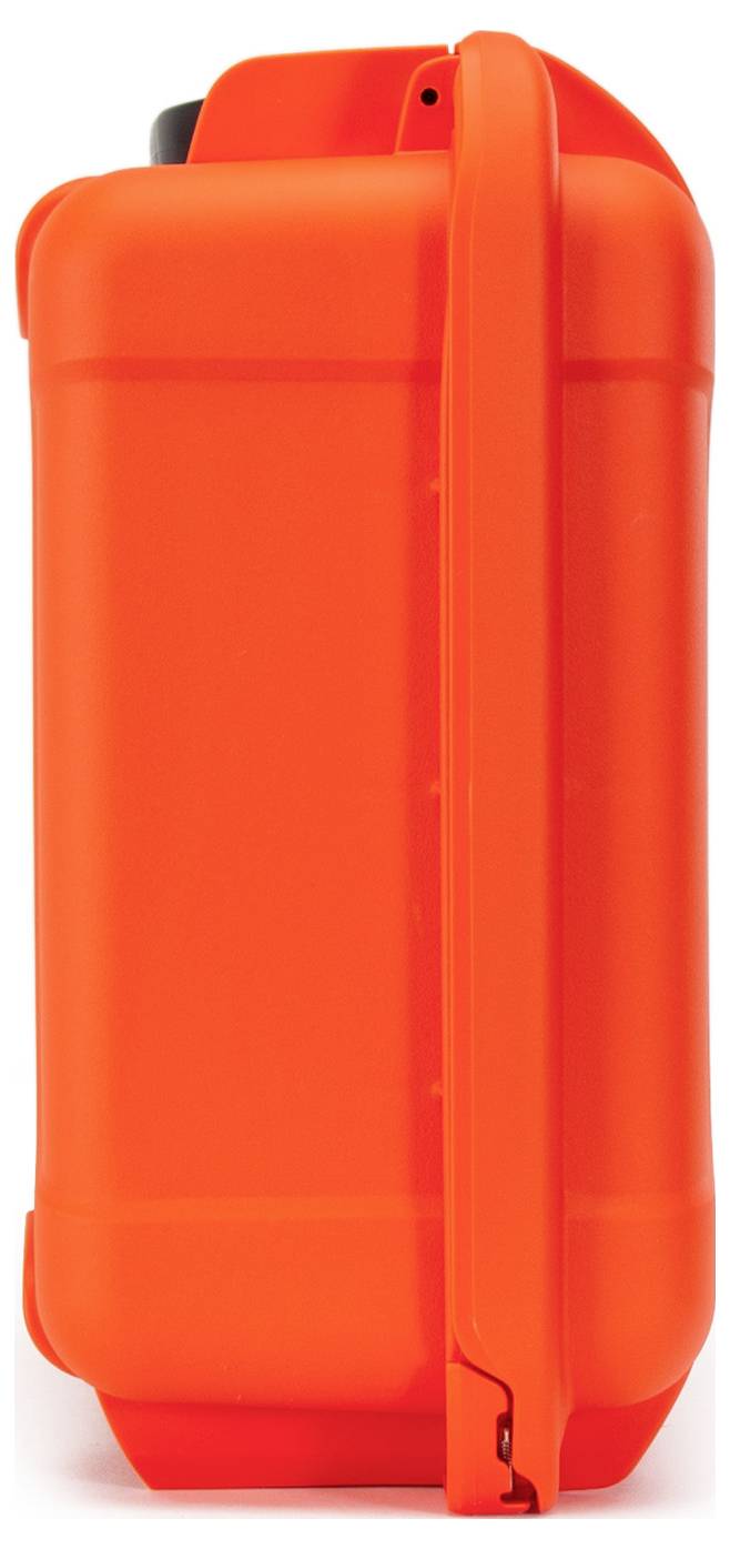 Orangefarbener, rechteckiger Kanister mit integriertem Griff und Deckel, stehend.