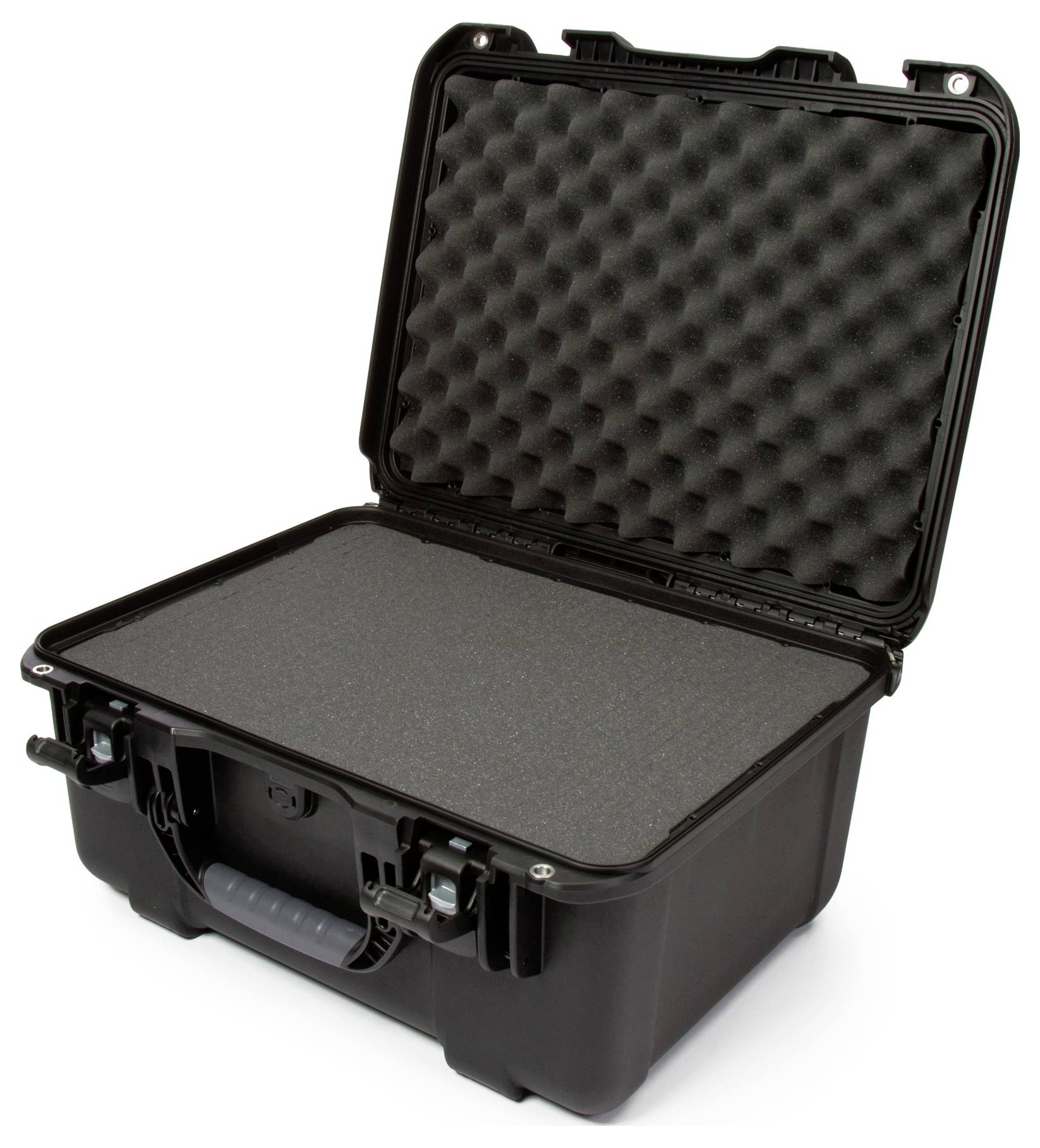 Schwarzer, offener Hartschalenkoffer mit Schaumstoffpolsterung zur sicheren Aufbewahrung empfindlicher Gegenstände.