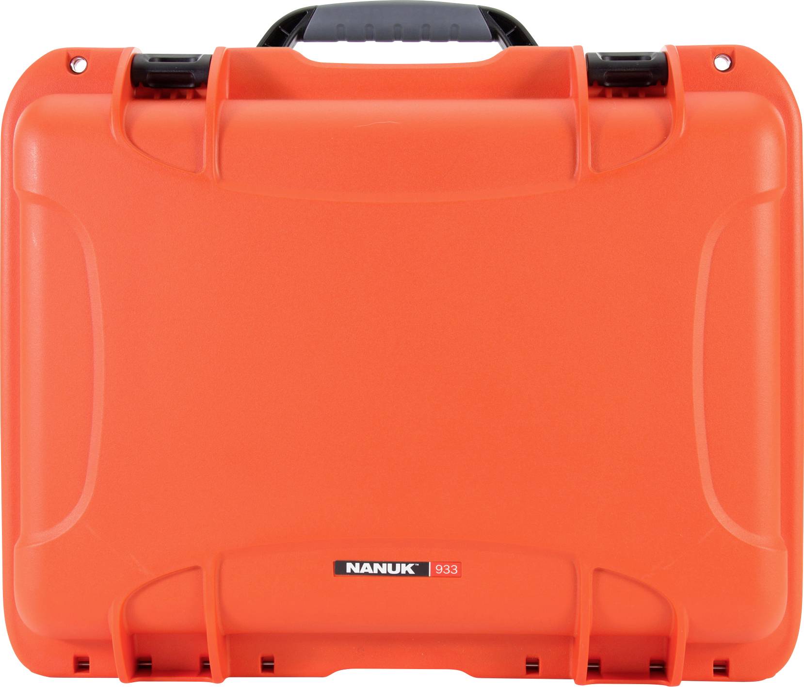 Ein leuchtend orangefarbener Hartschalenkoffer mit schwarzem Griff, robuste Bauweise, Markenname 'Nanuk 933' auf der Vorderseite.