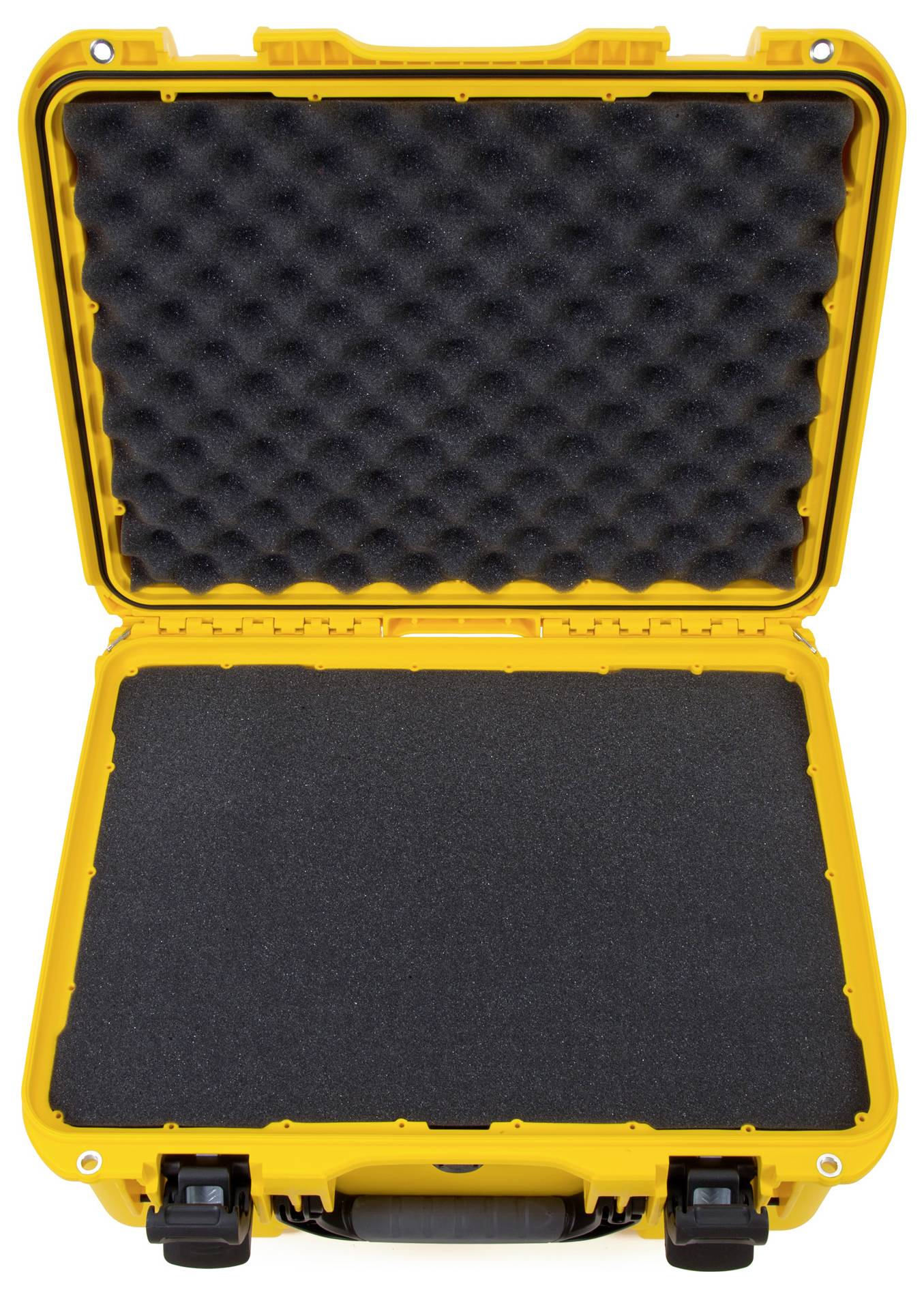 Gelber, offener Hartschalenkoffer mit Schaumstoffeinlagen, bereit für sicheren Transport von empfindlichen Gegenständen.