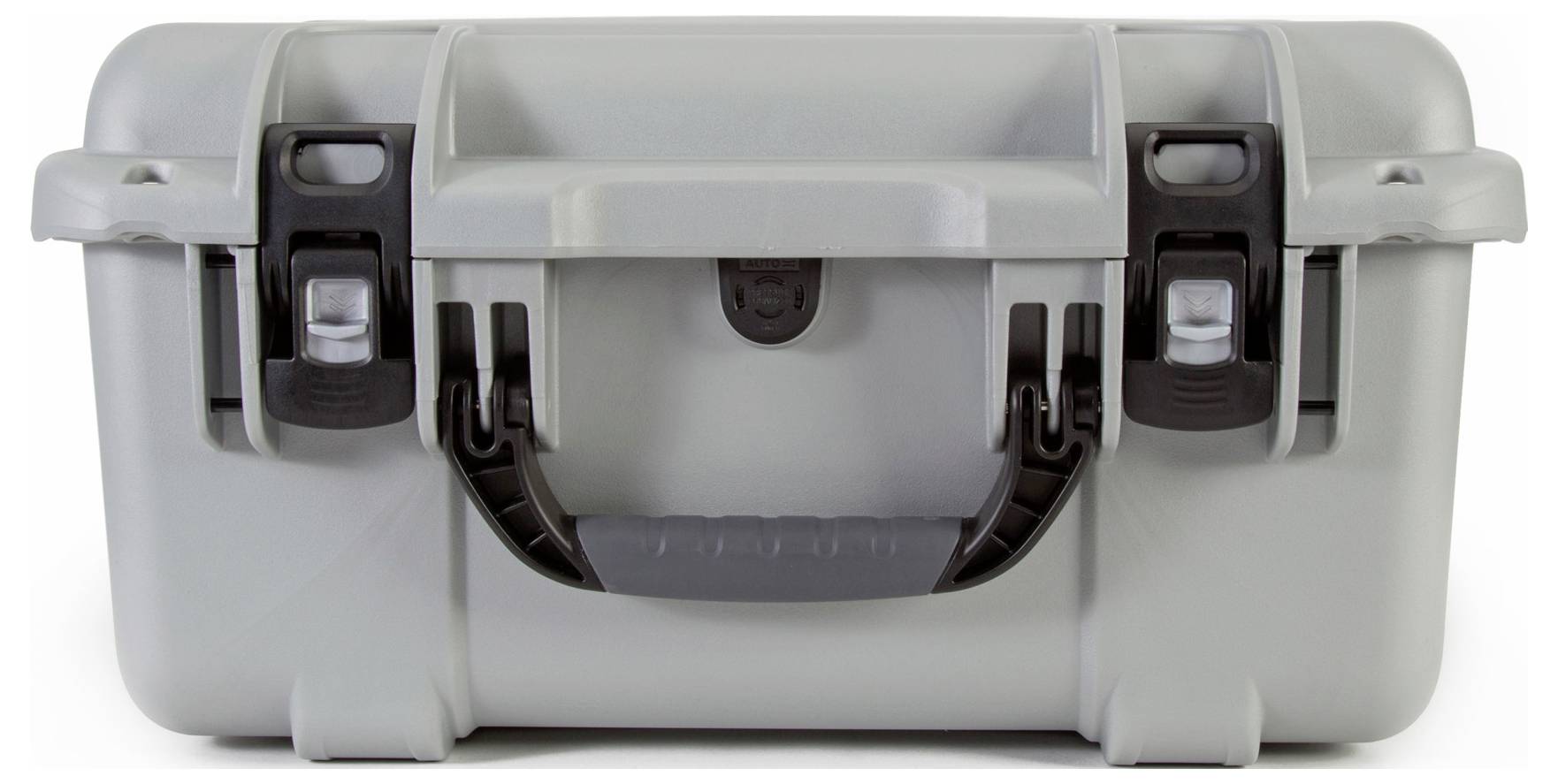 Ein grauer, robuster Kunststoffkoffer mit schwarzem Tragegriff und zwei schwarzen Verschlüssen, geeignet für den sicheren Transport.