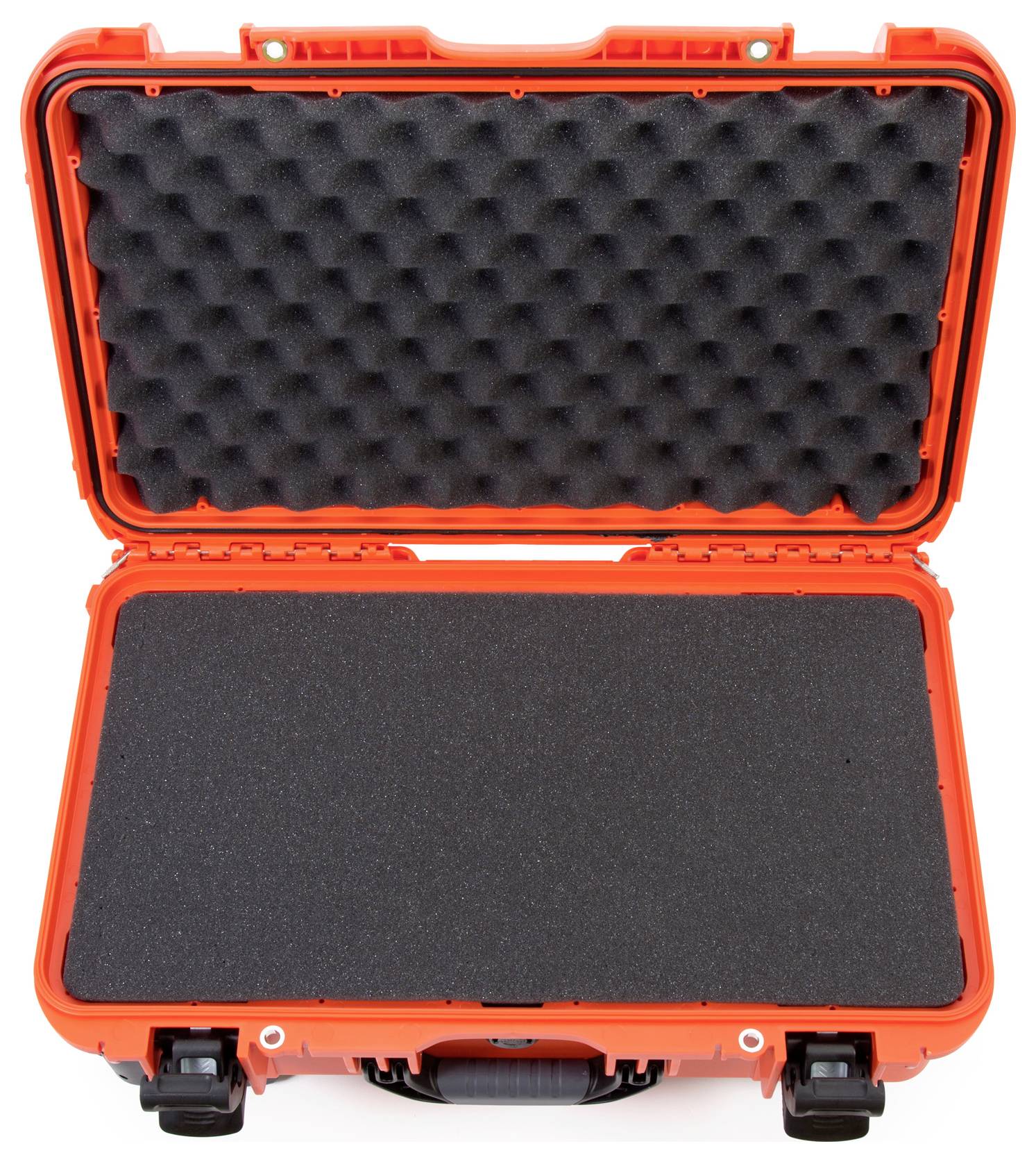 Geöffneter, leerer orangefarbener Schutzkoffer mit Schaumstoffpolsterung innen, geeignet zur sicheren Aufbewahrung empfindlicher Geräte.