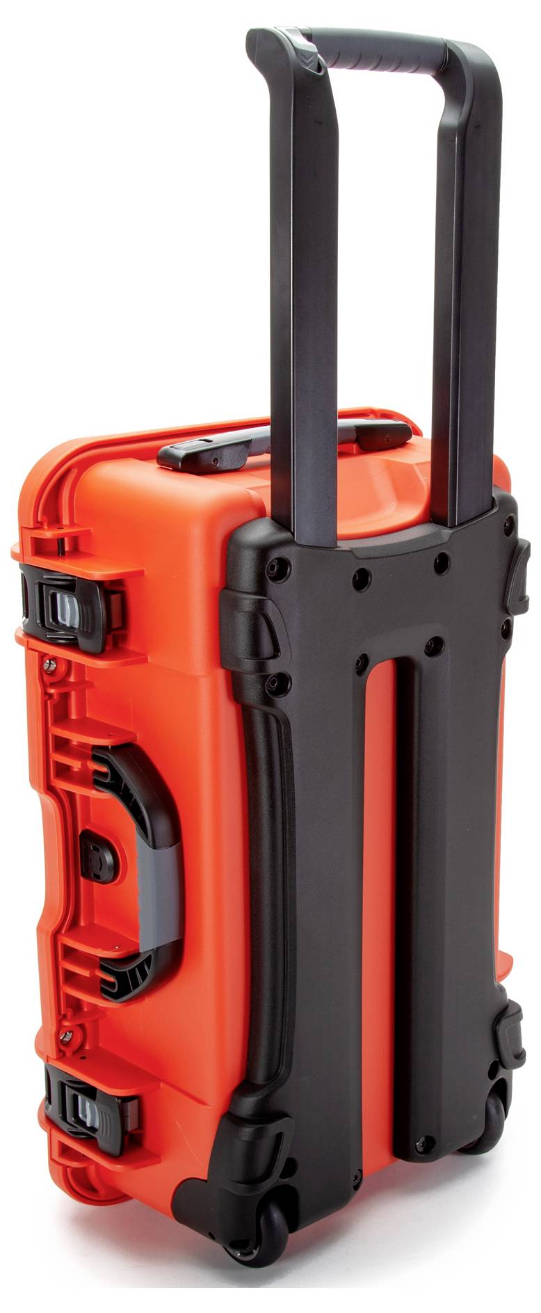 Roter, robuster Rollkoffer mit schwarzem Griff und Rollen, geeignet für den sicheren Transport empfindlicher Ausrüstung.