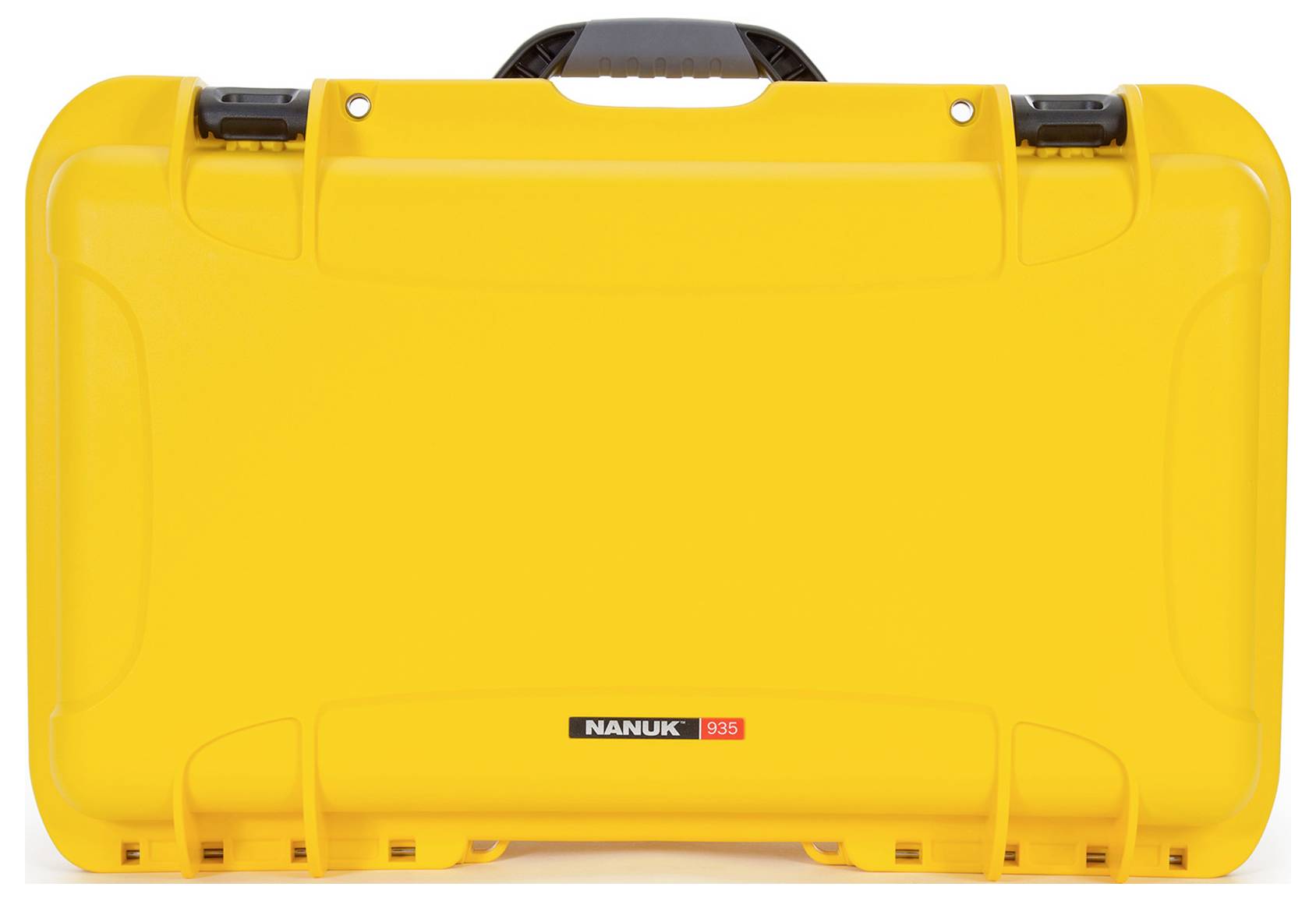 Gelber, rechteckiger Schutzkoffer mit schwarzem Griff und Verschlüssen, Modell 'Nanuk 935', frontal abgebildet.