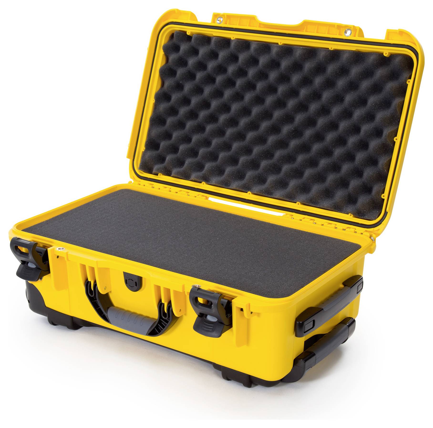 Gelber, offener Transportkoffer mit Schaumstoffinnenfutter, geeignet zum Schutz von empfindlichen Geräten beim Transport.