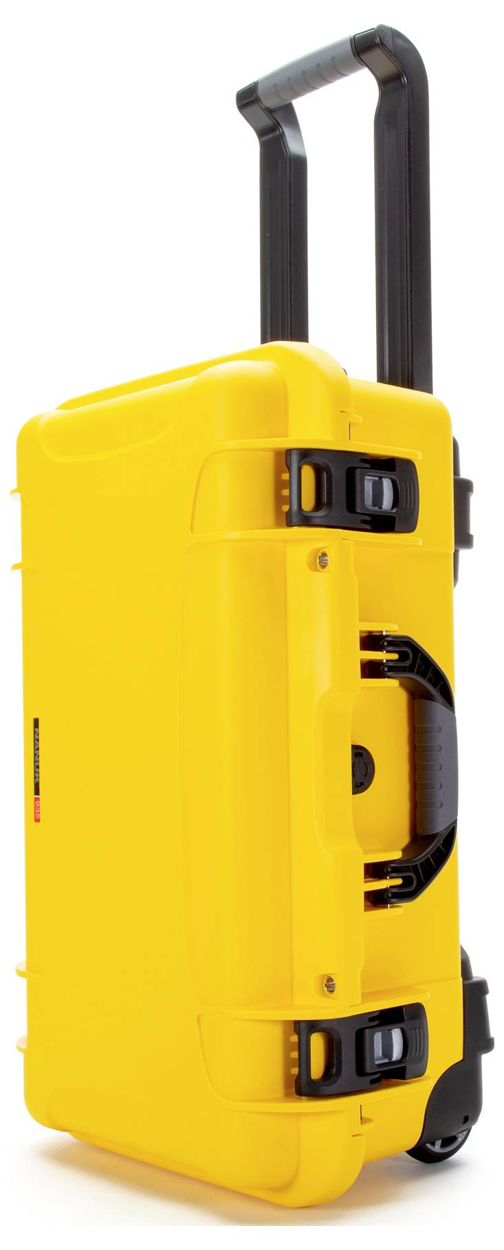 Gelber, robuster Reisekoffer mit schwarzen Rädern und ausziehbarem Griff, seitlich stehend.