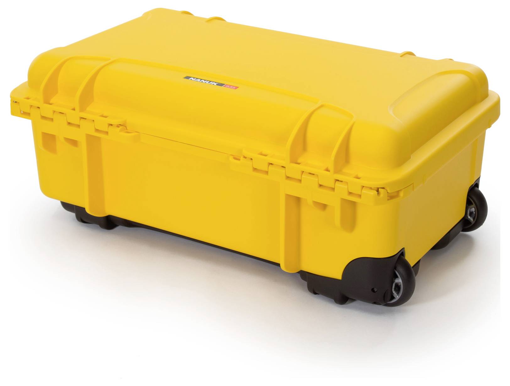 Ein gelber, robuster Transportkoffer mit Rollen, geeignet zum Schutz von empfindlicher Ausrüstung.