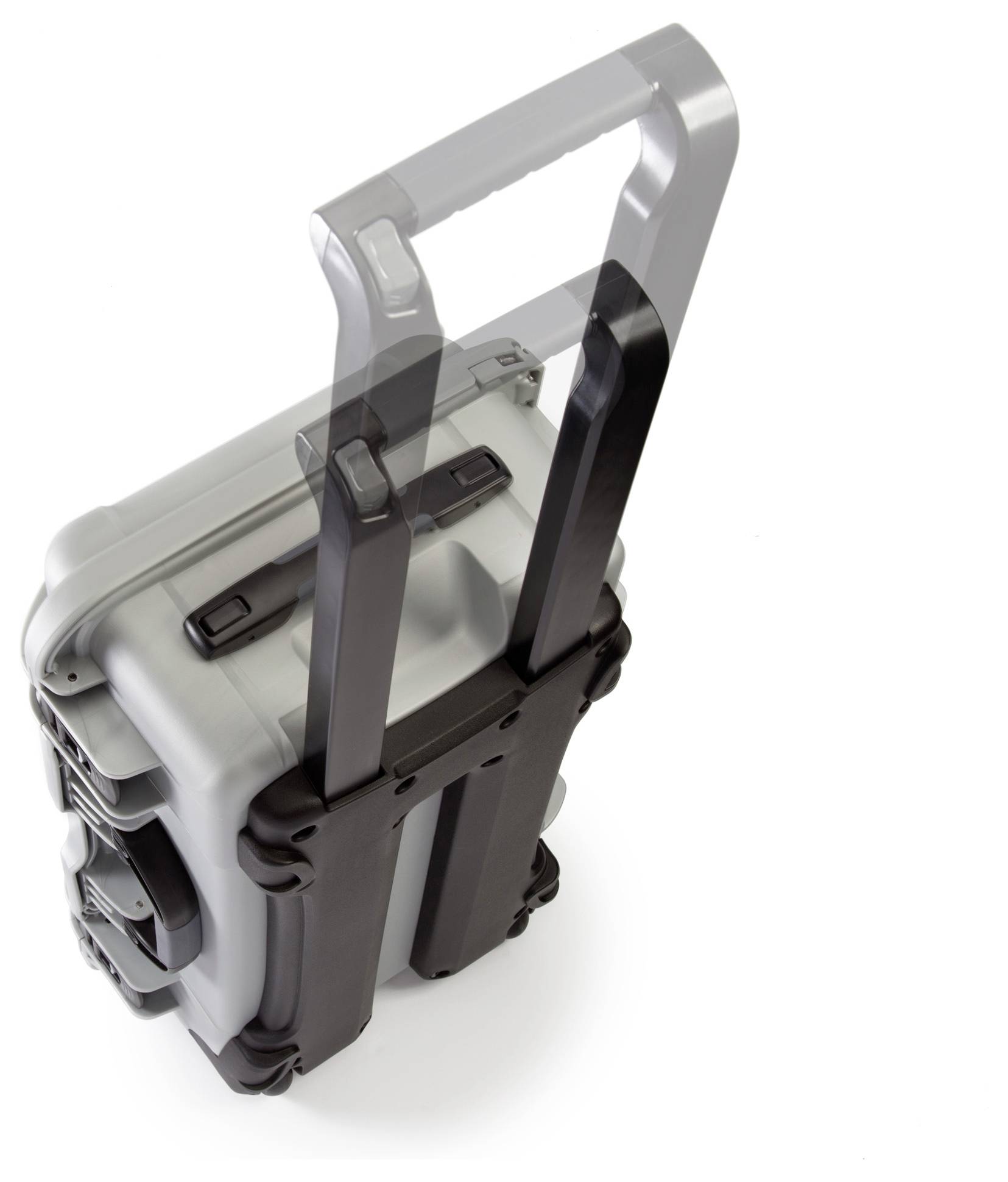 Ein grauer Rollkoffer mit ausziehbarem Griff, der von oben betrachtet wird.