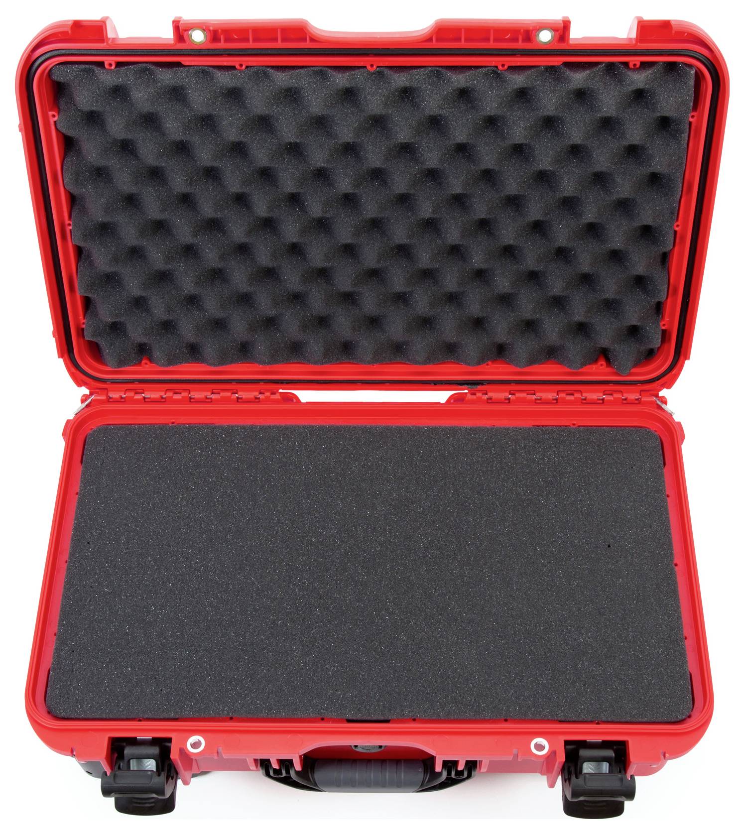 Ein geöffneter roter Schutzkoffer mit schwarzem Schaumstoff im Inneren, geeignet für den sicheren Transport von empfindlichen Gegenständen.