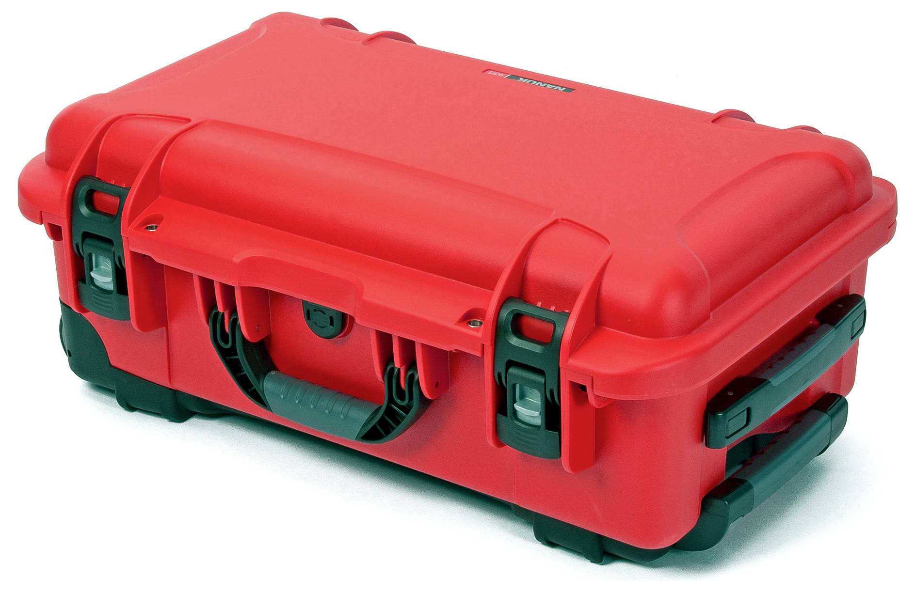 Ein roter, robuster Hartschalenkoffer mit schwarzen Verschlüssen und Griffen, geeignet für den sicheren Transport empfindlicher Ausrüstung.