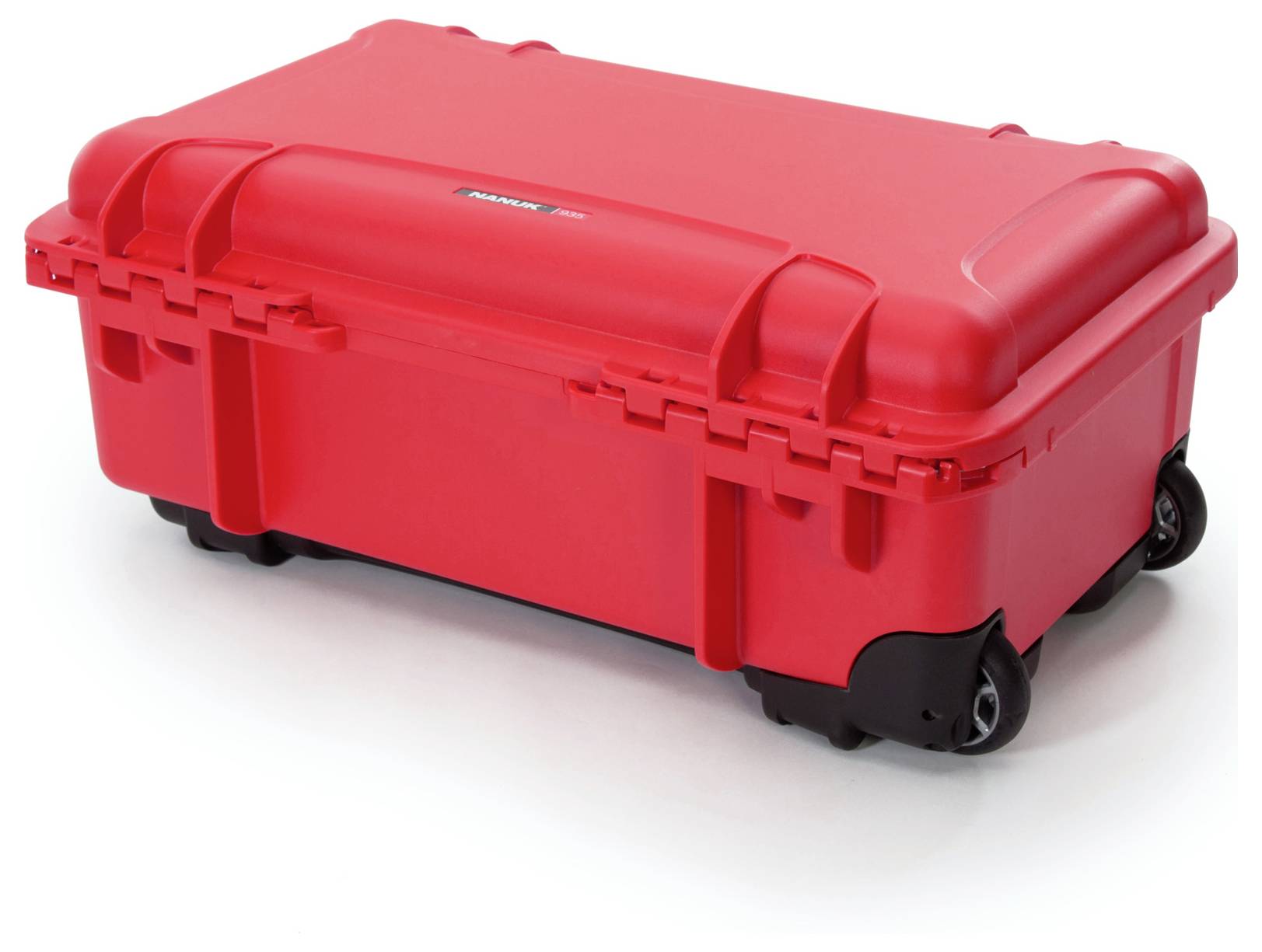 Roter Schutzkoffer mit Rollen, geeignet für den sicheren Transport empfindlicher Ausrüstung.