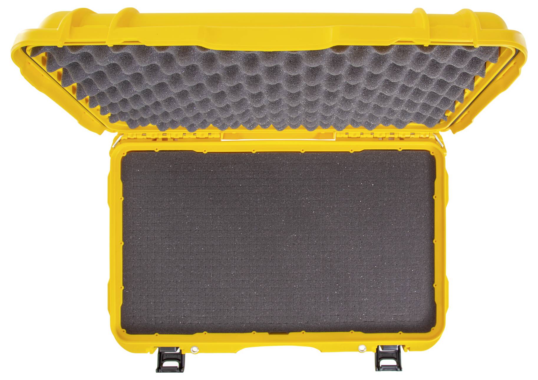 Ein offener, gelber Hartschalenkoffer mit schwarzem Schaumstoff-Einlage. Ideal zum sicheren Transport empfindlicher Gegenstände.