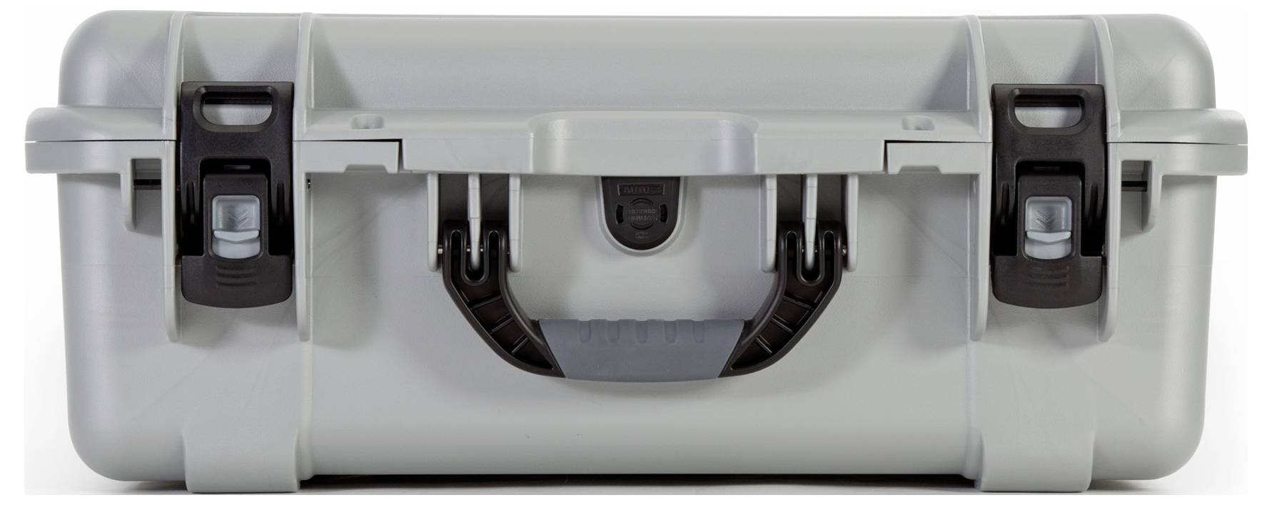 Grauer Hartschalenkoffer mit zwei schwarzen Schnappverschlüssen, robustes Design, geeignet für sicheren Transport von empfindlichem Equipment.