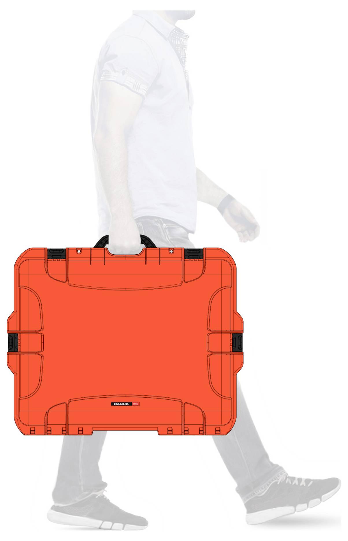 Ein Mann trägt einen grell orangefarbenen Koffer in der Hand. Der Fokus liegt auf dem Koffer, während der Mann im Hintergrund verblasst ist.