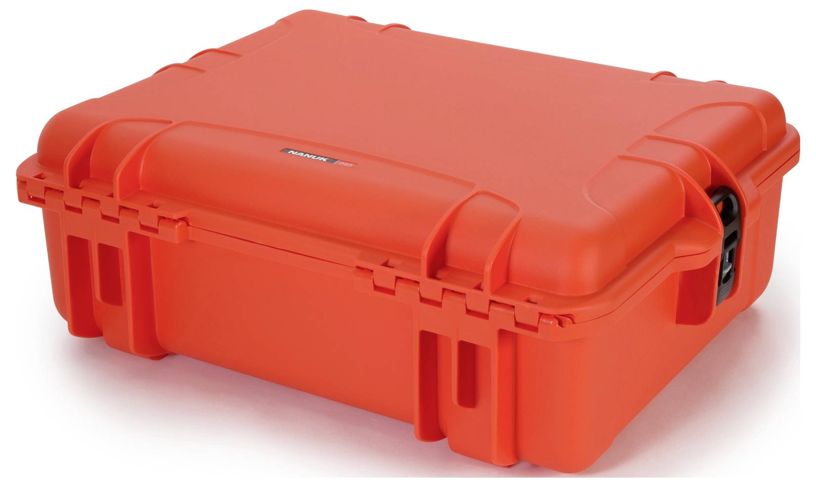 Roter, rechteckiger, robuster Schutzkoffer mit verstärkten Ecken und schwarzem Riegel, geeignet für den sicheren Transport von empfindlichen Gegenständen.