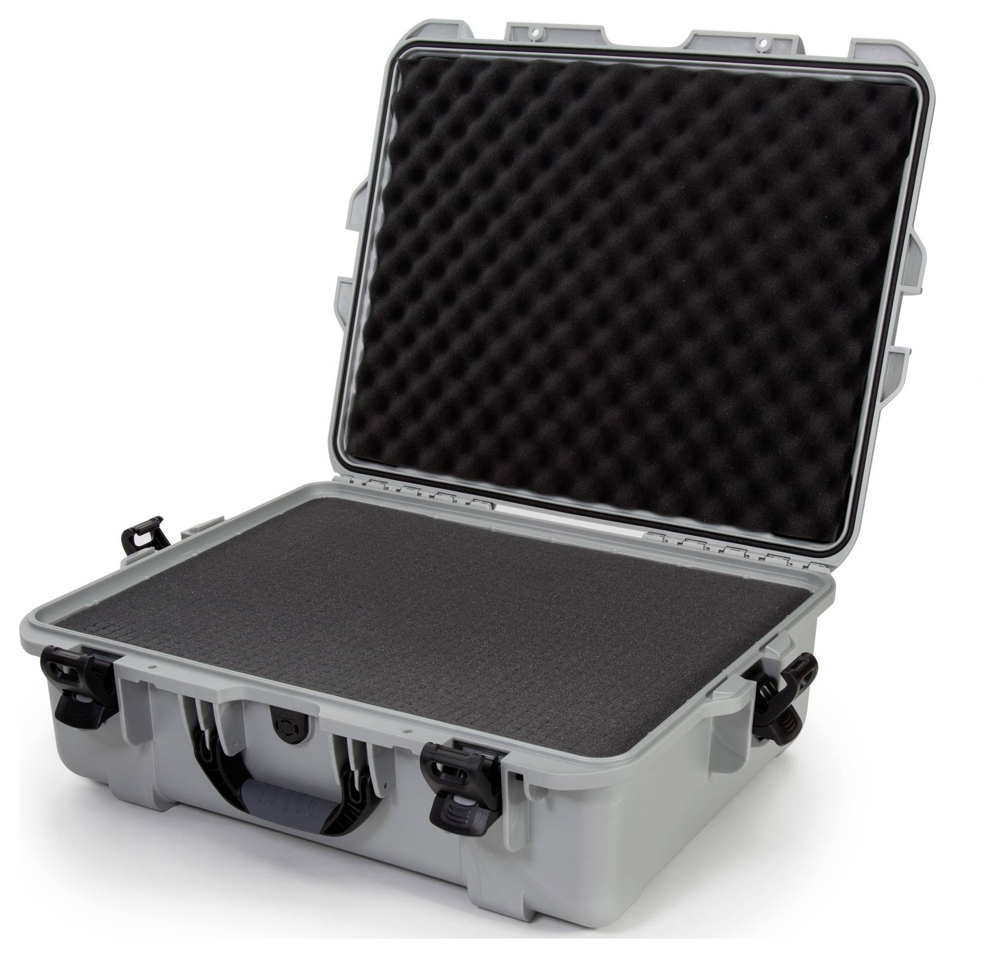 Geöffneter grauer Schutzkoffer mit Schaumstoffauskleidung, geeignet zur sicheren Aufbewahrung empfindlicher Gegenstände.