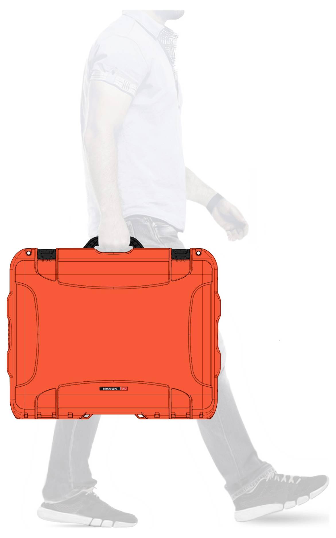 Eine Person trägt einen leuchtend orangefarbenen Hartschalenkoffer in der rechten Hand. Der Fokus liegt auf dem Koffer.