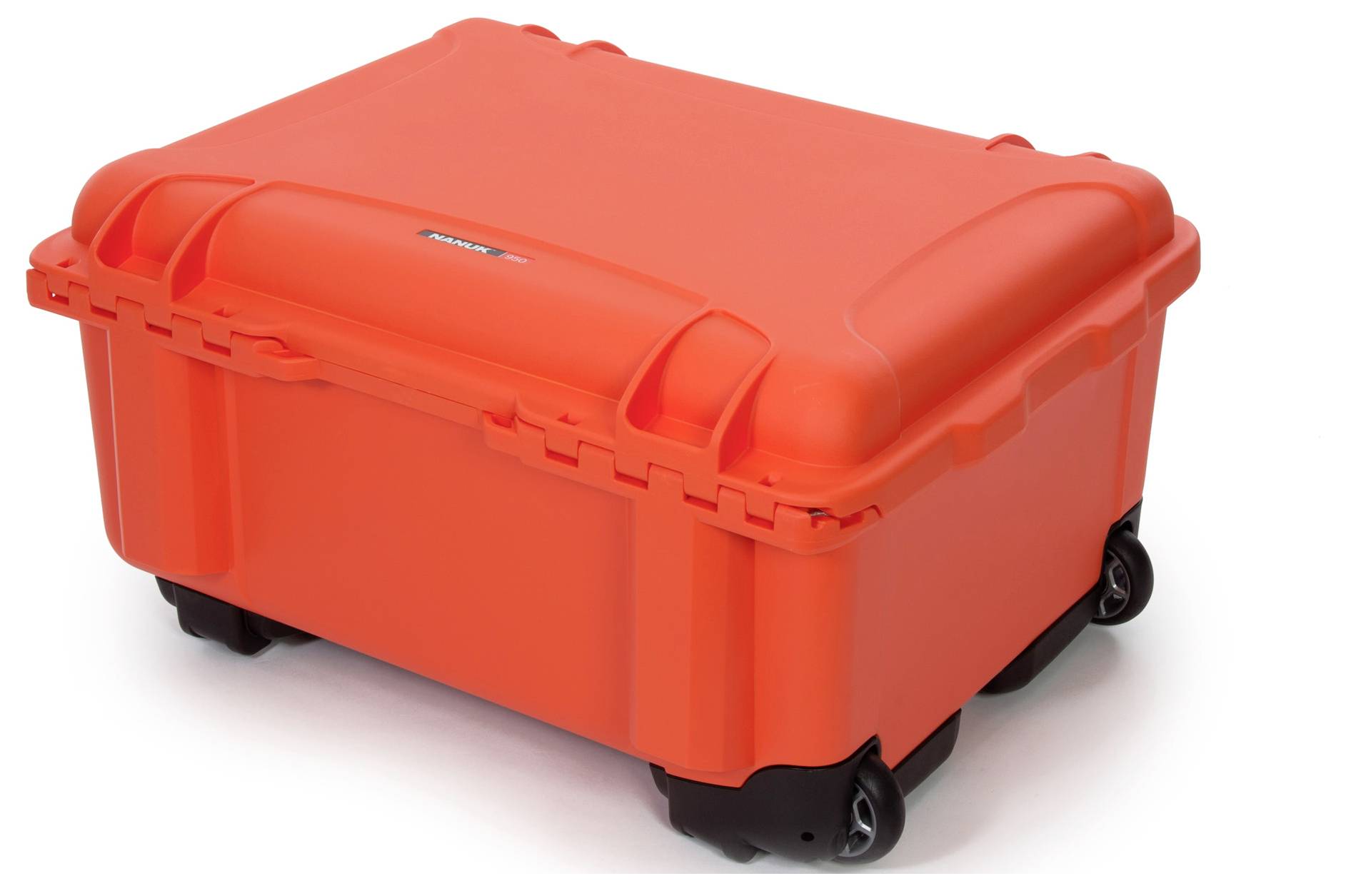 Ein robuster, leuchtend orangefarbener Kunststoffkoffer mit Rädern, ideal für den sicheren Transport von empfindlichen Ausrüstungen.