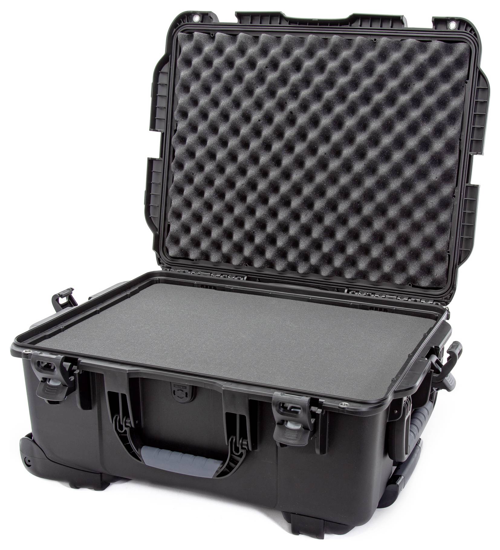 Offener schwarzer Hartschalenkoffer mit Schaumstoffauskleidung; geeignet zum Schutz empfindlicher Geräte oder Gegenstände.