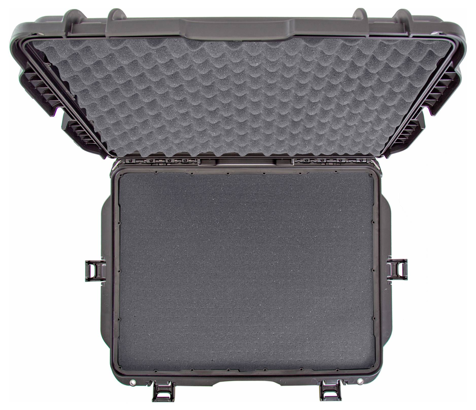 Offener schwarzer Hartschalenkoffer mit grauer Schaumstoffeinlage, geeignet zum Schutz von empfindlichen Geräten.