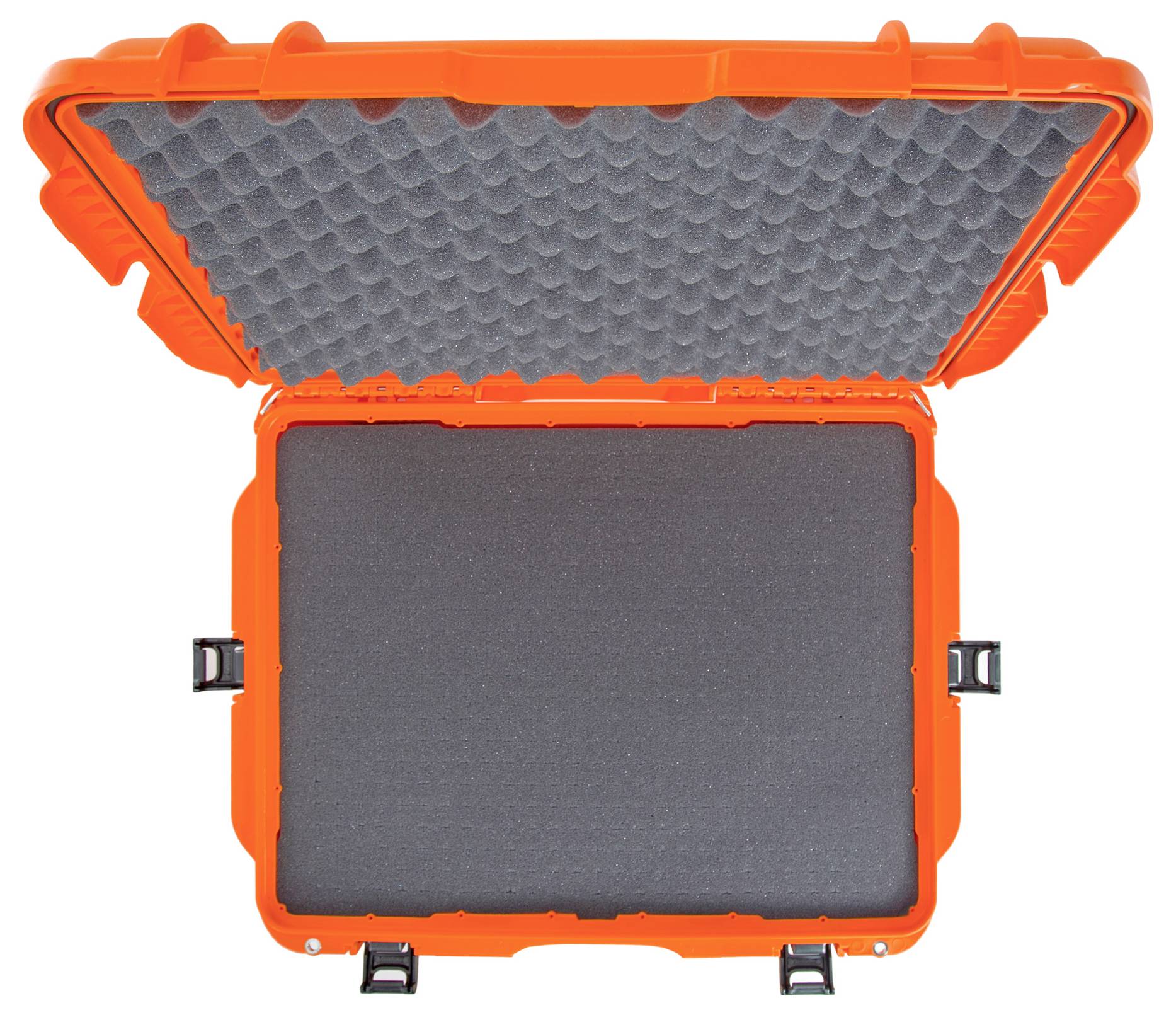 Ein offener oranger Schutzkoffer mit Schaumstoffeinlagen innen, geeignet zum Schutz und Transport empfindlicher Geräte oder Gegenstände.