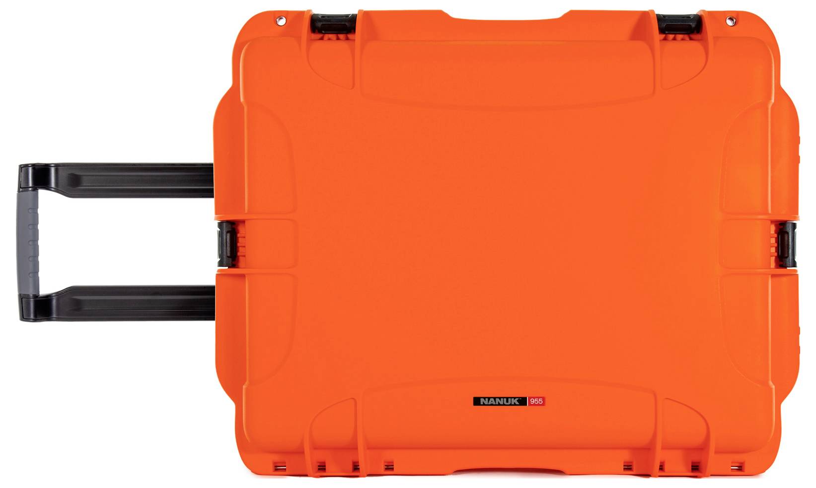 Ein leuchtend orangefarbener Koffer mit ausziehbarem Griff, geschlossen. Geeignet für sicheren Transport von Ausrüstung.