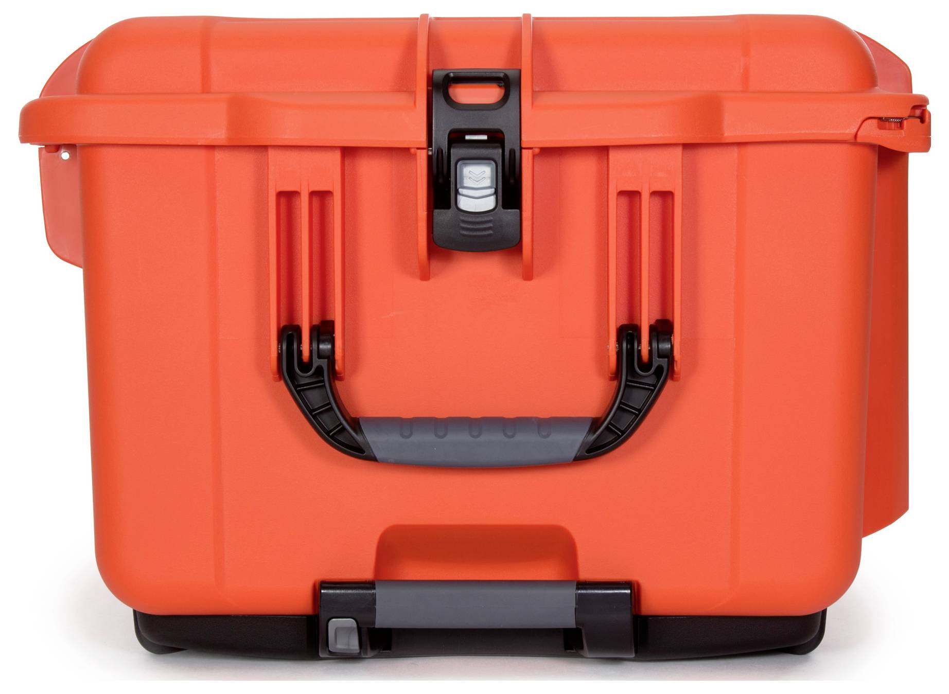 Rote, robuste Kunststoffbox mit schwarzem Griff und Verschluss. Sie ist als Aufbewahrungs- oder Transportbehälter konzipiert.