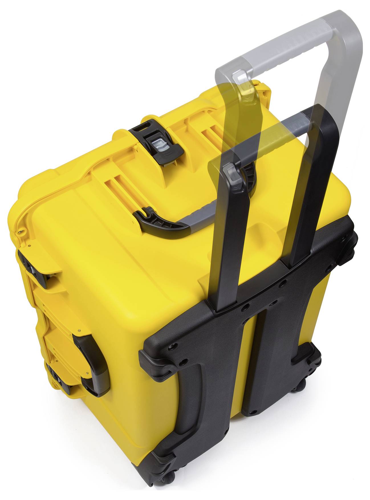 Ein gelber, robuster Rollkoffer mit Teleskopgriff. Der Koffer hat verstärkte Ecken und einen Sicherheitsverschluss. Ideal für Reisen.