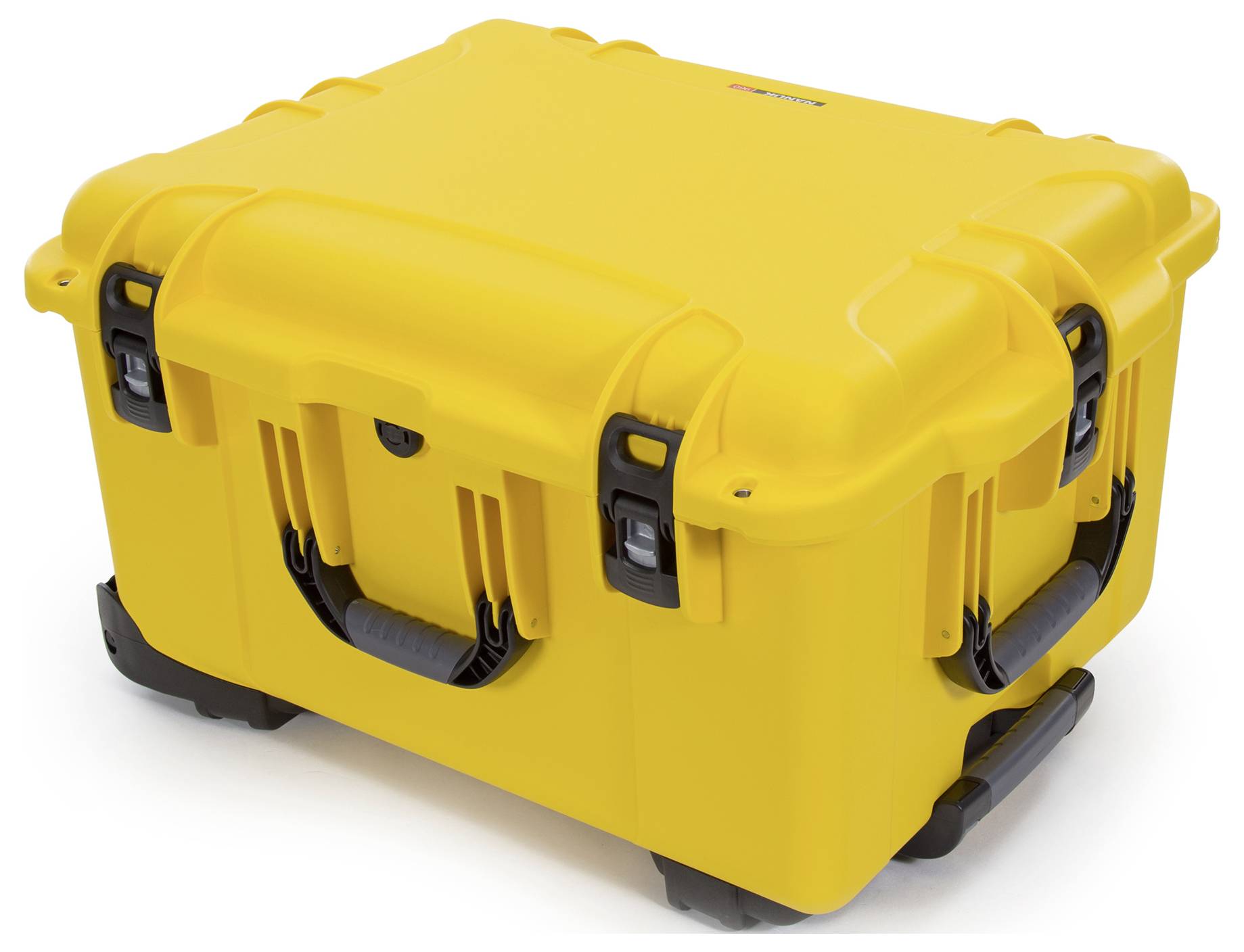 Gelber, robuster Transportkoffer mit schwarzen Griffen und Verschlüssen, ideal für sicheren Transport von empfindlicher Ausrüstung.